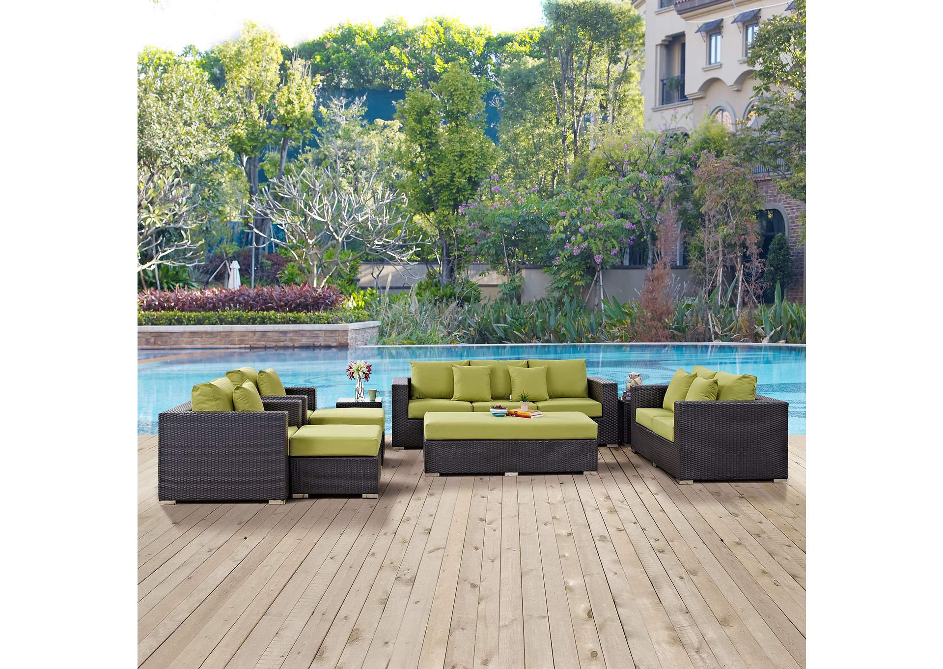 Convene Espresso Peridot 9 Piece Outdoor Patio Sofa Set,Modway