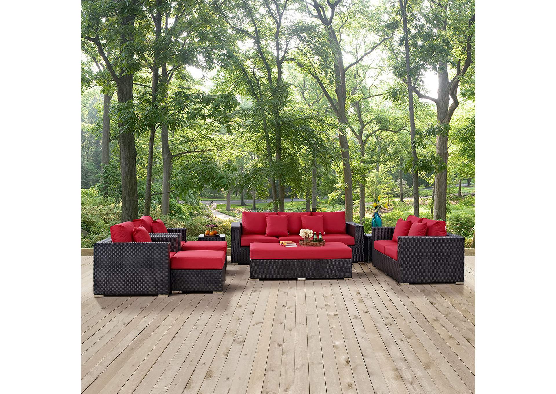 Convene Espresso Red 9 Piece Outdoor Patio Sofa Set,Modway