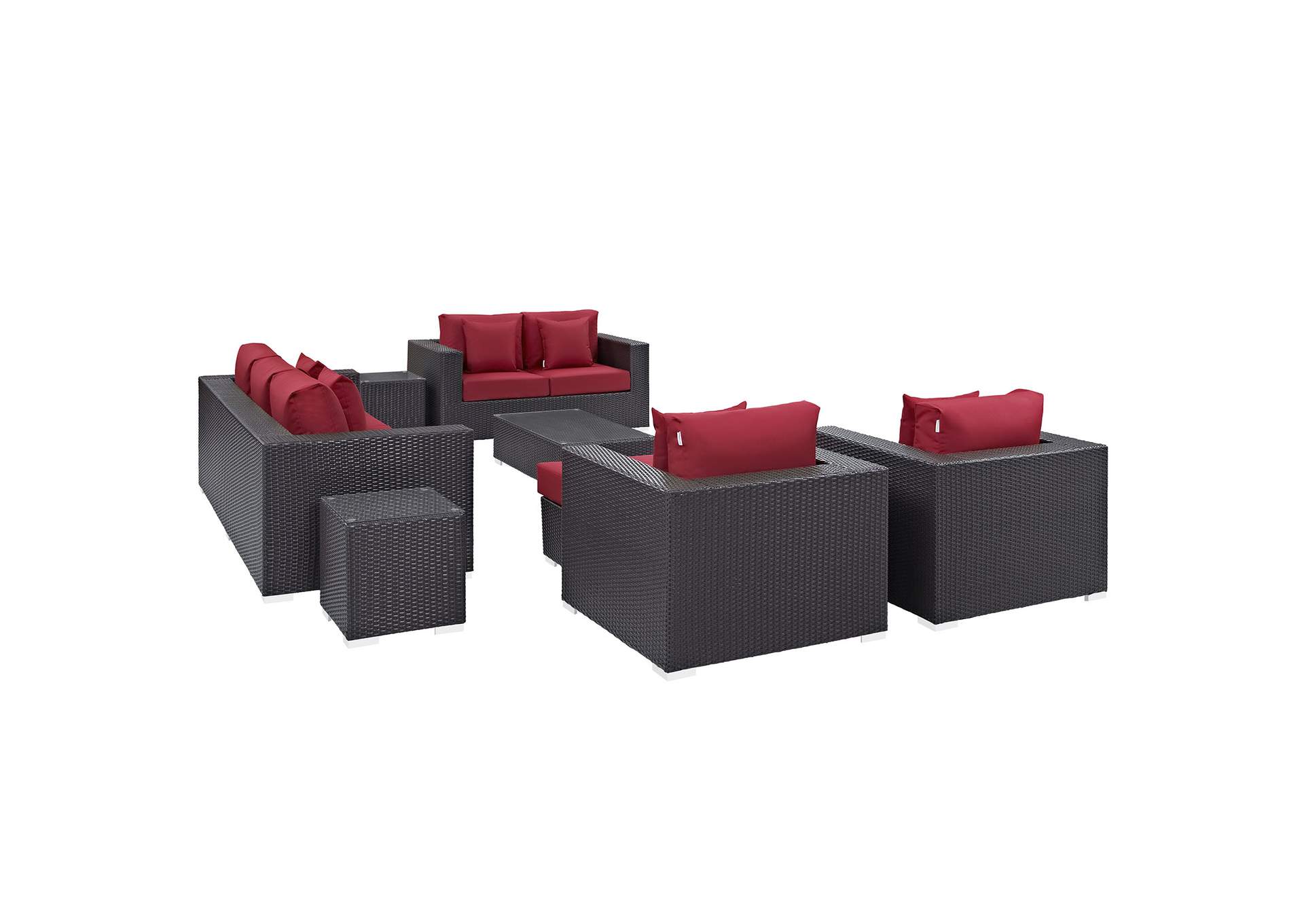 Convene Espresso Red 9 Piece Outdoor Patio Sofa Set,Modway