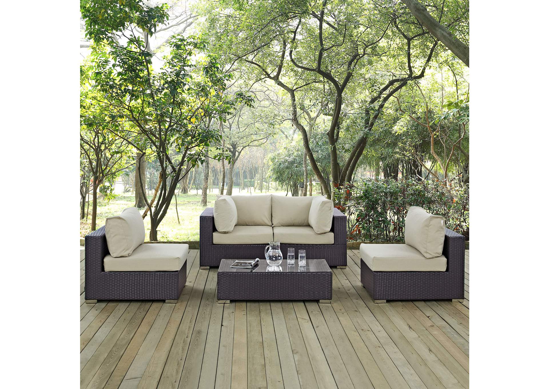 Convene Espresso Beige 5 Piece Outdoor Patio Sectional Set,Modway