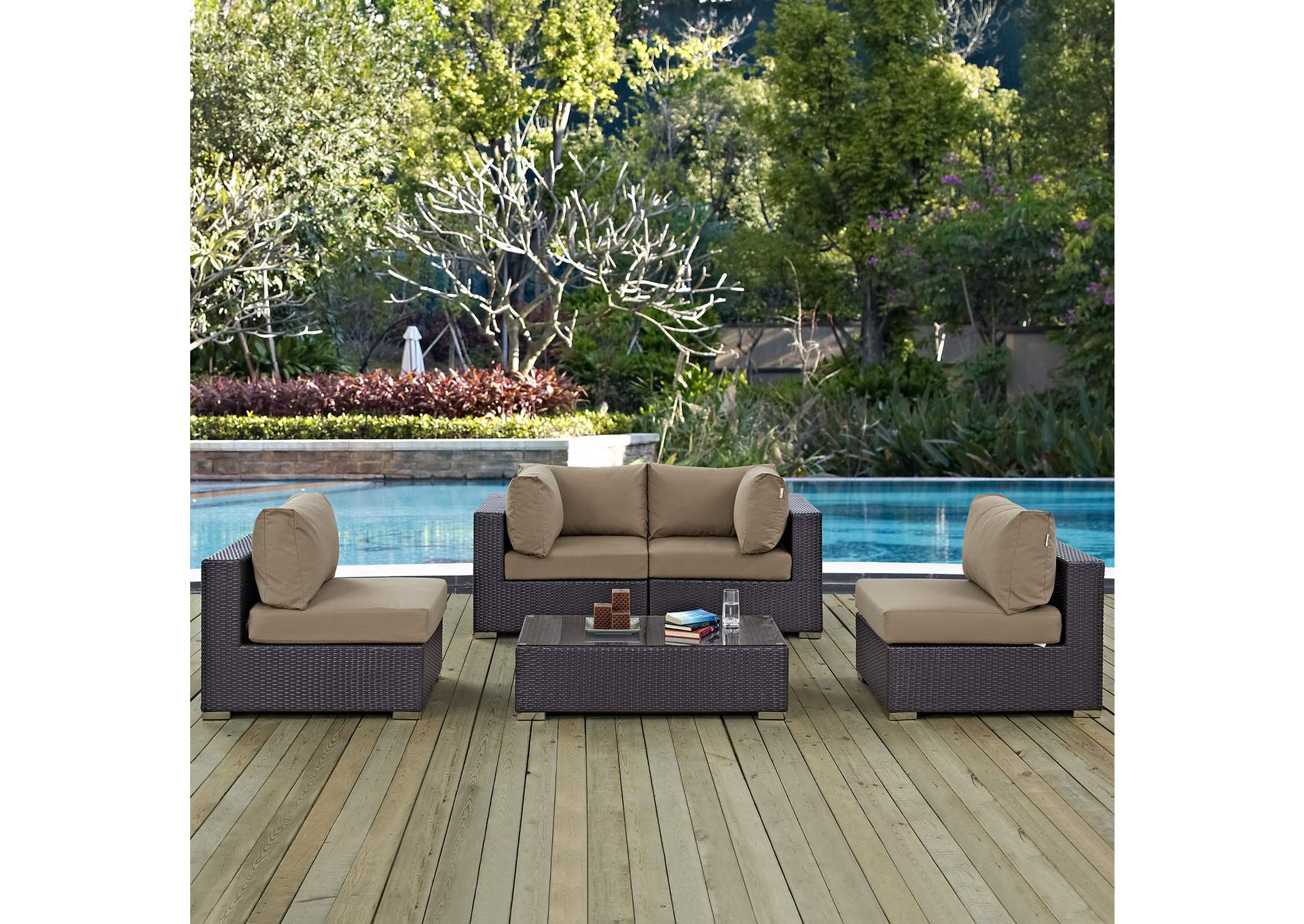 Convene Espresso Mocha 5 Piece Outdoor Patio Sectional Set,Modway