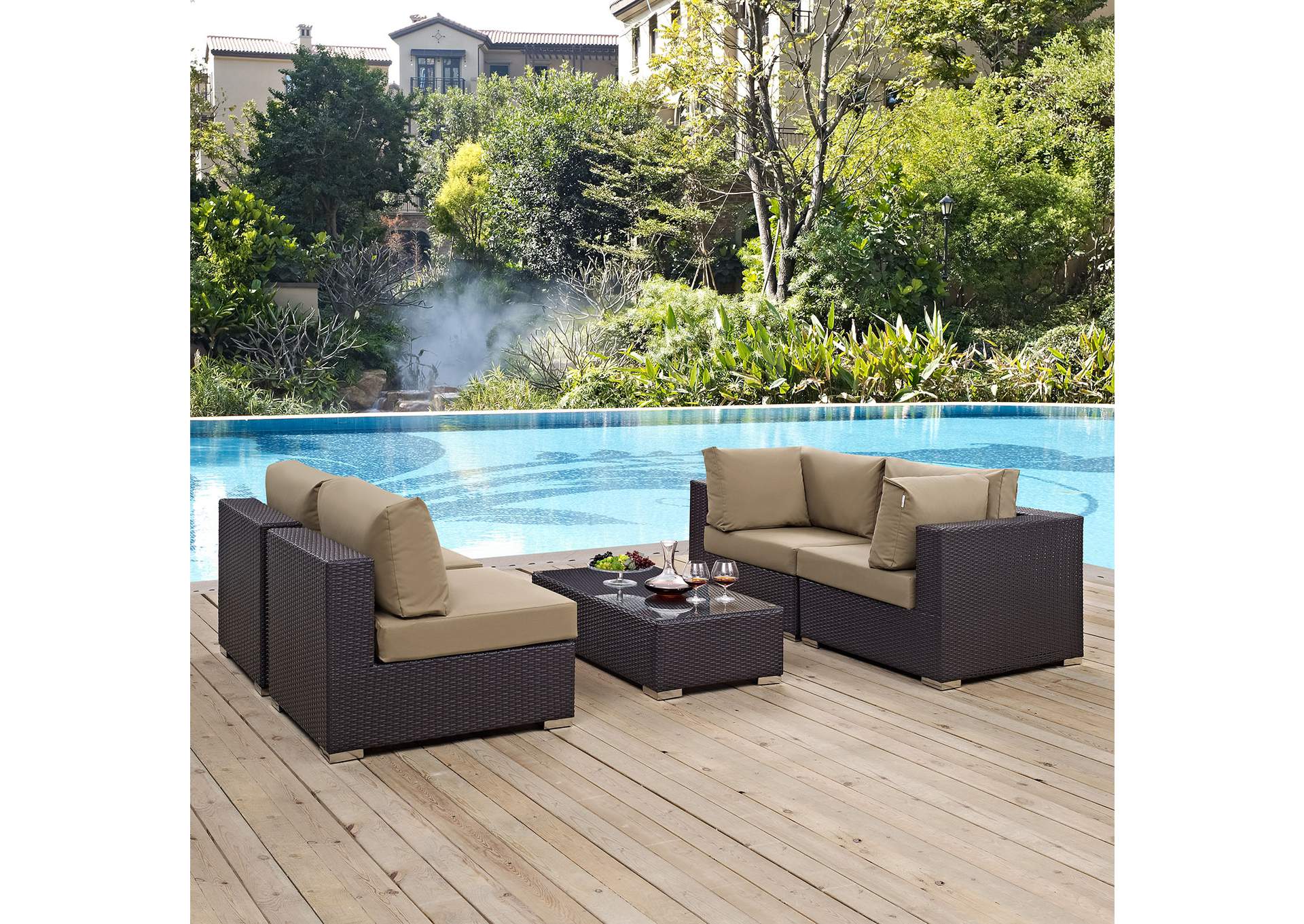 Convene Espresso Mocha 5 Piece Outdoor Patio Sectional Set,Modway