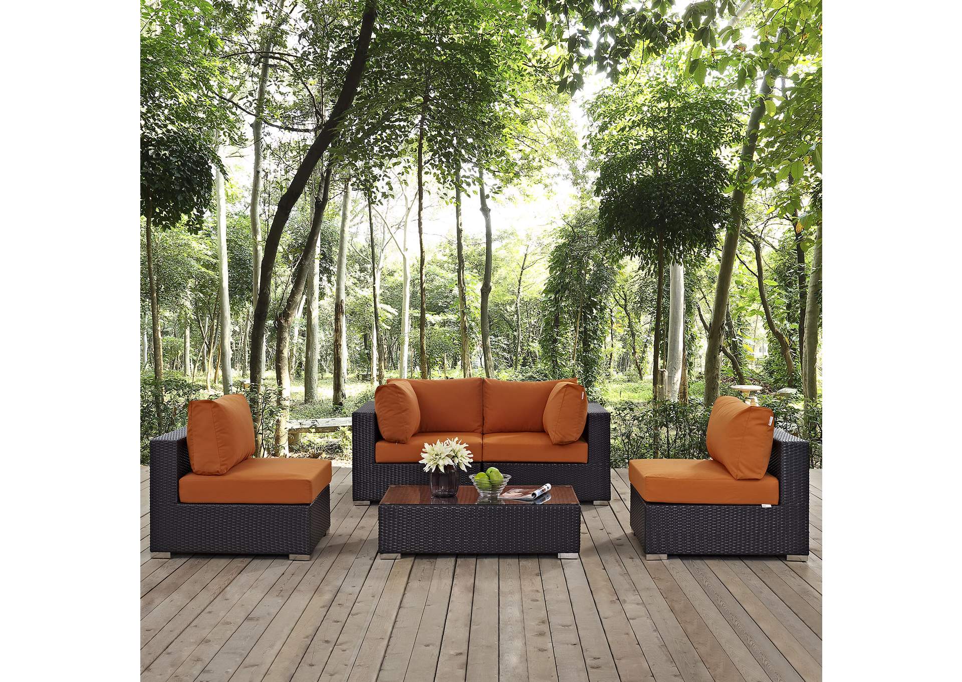 Convene Espresso Orange 5 Piece Outdoor Patio Sectional Set,Modway