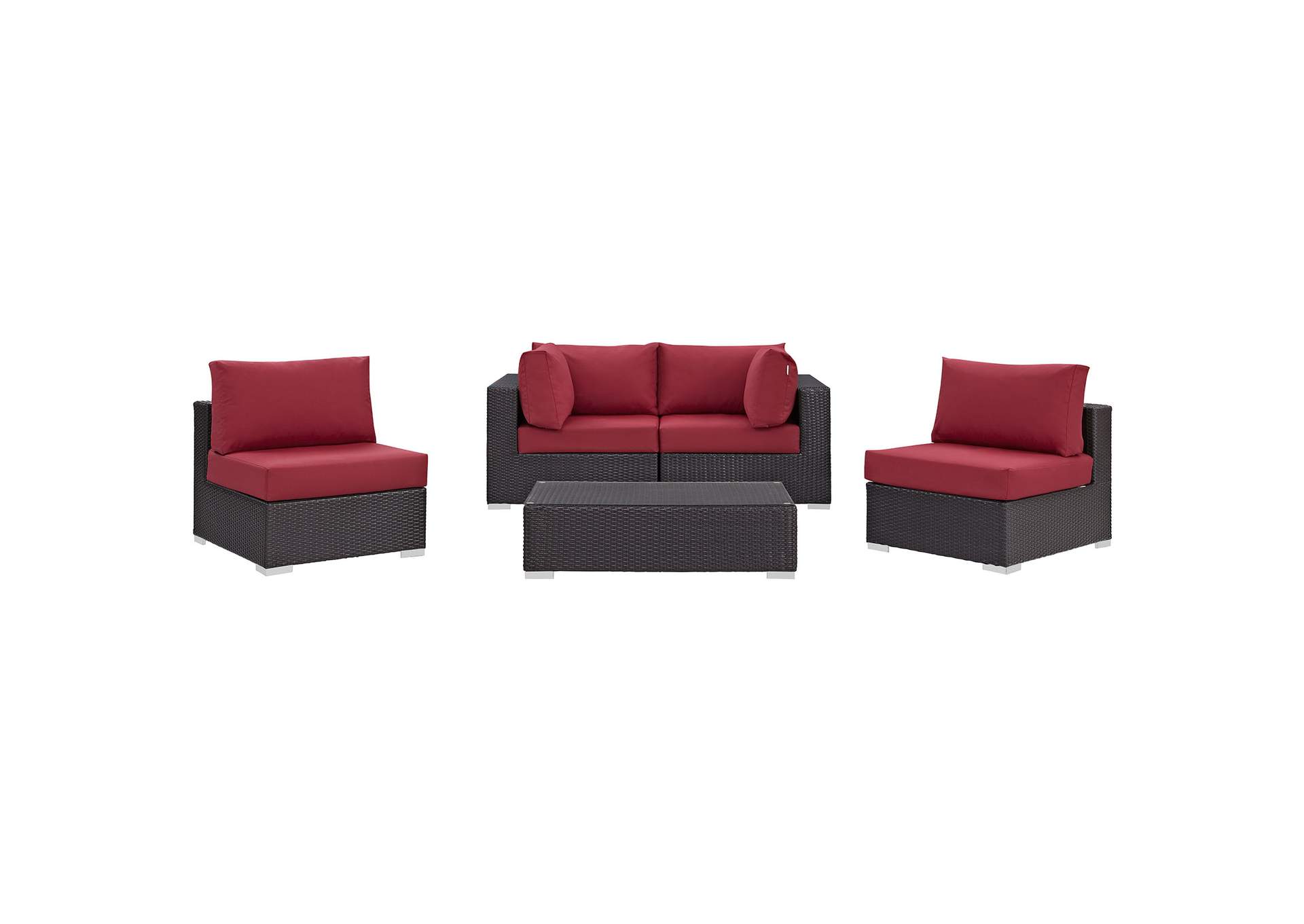 Convene Espresso Red 5 Piece Outdoor Patio Sectional Set,Modway