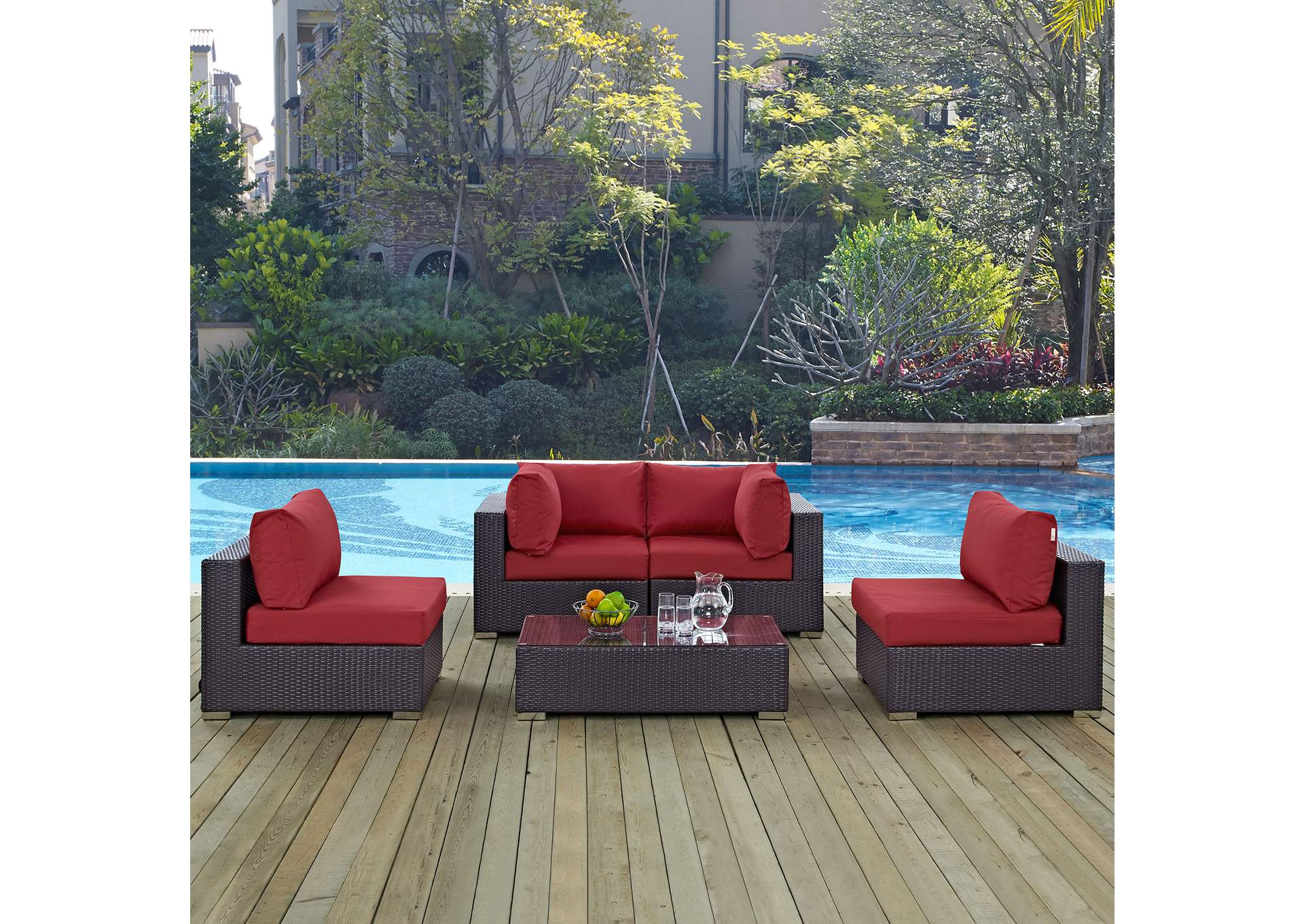 Convene Espresso Red 5 Piece Outdoor Patio Sectional Set,Modway