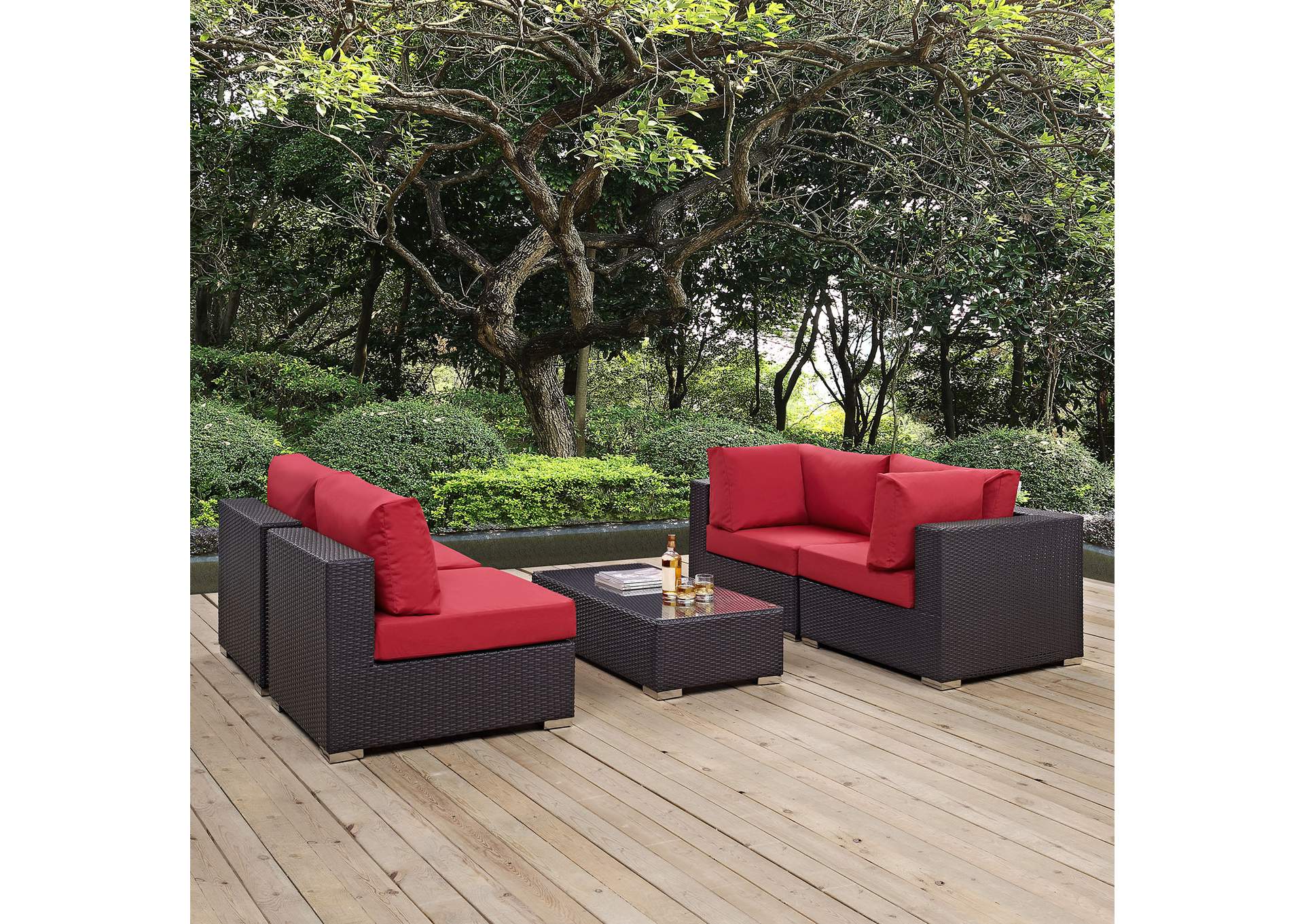 Convene Espresso Red 5 Piece Outdoor Patio Sectional Set,Modway