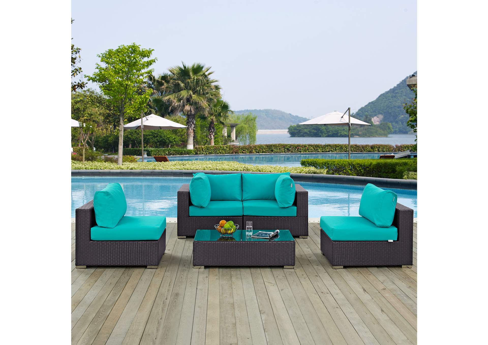 Convene Espresso Turquoise 5 Piece Outdoor Patio Sectional Set,Modway