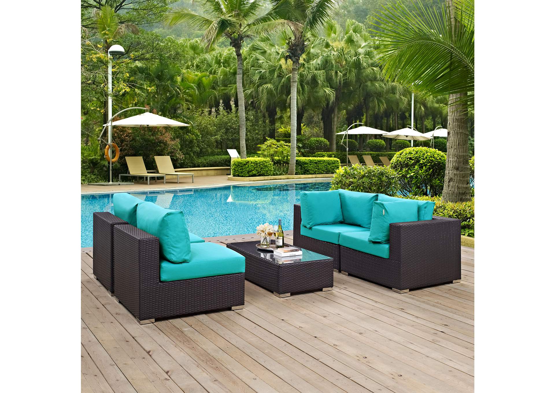 Convene Espresso Turquoise 5 Piece Outdoor Patio Sectional Set,Modway