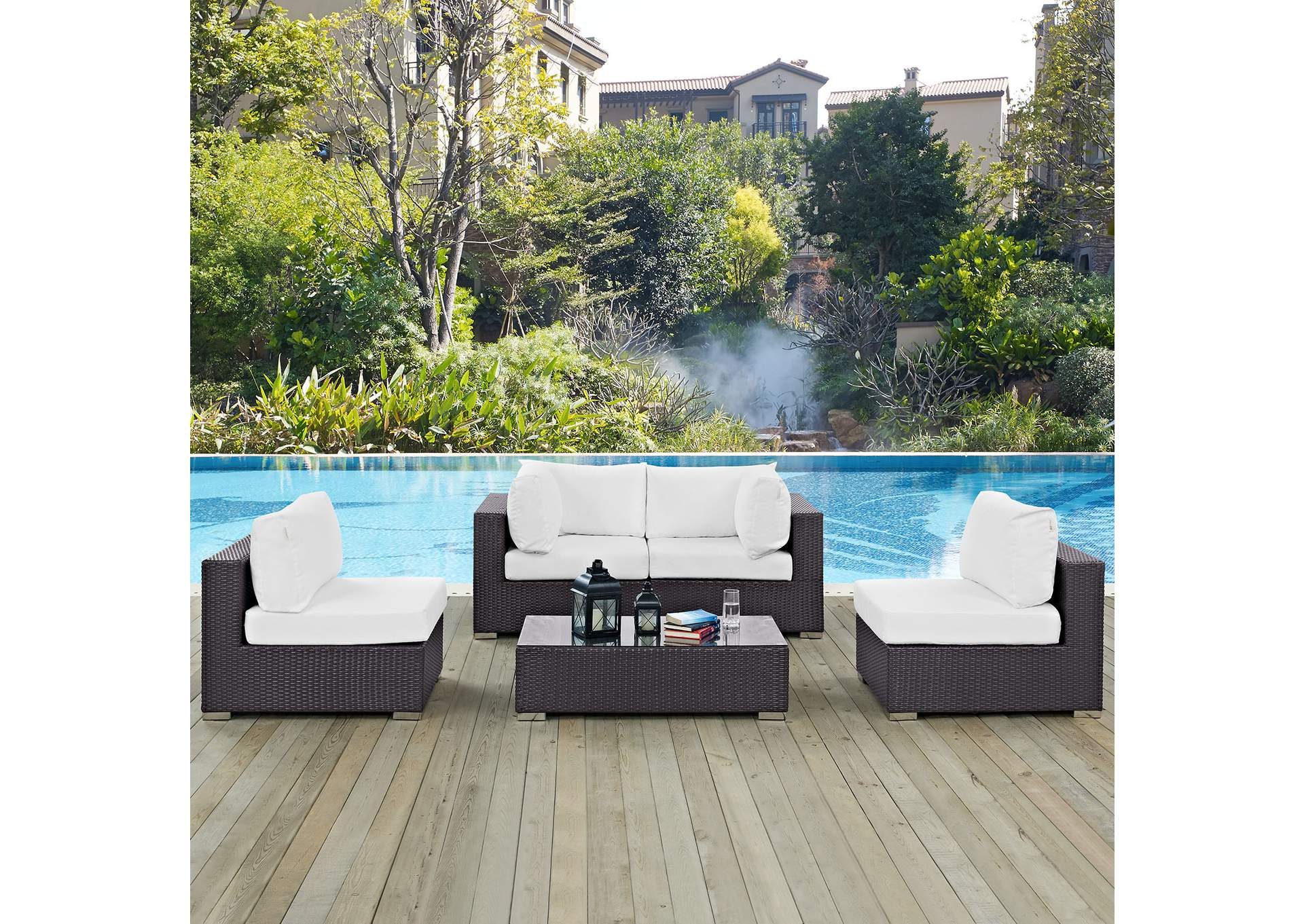 Convene Espresso White 5 Piece Outdoor Patio Sectional Set,Modway