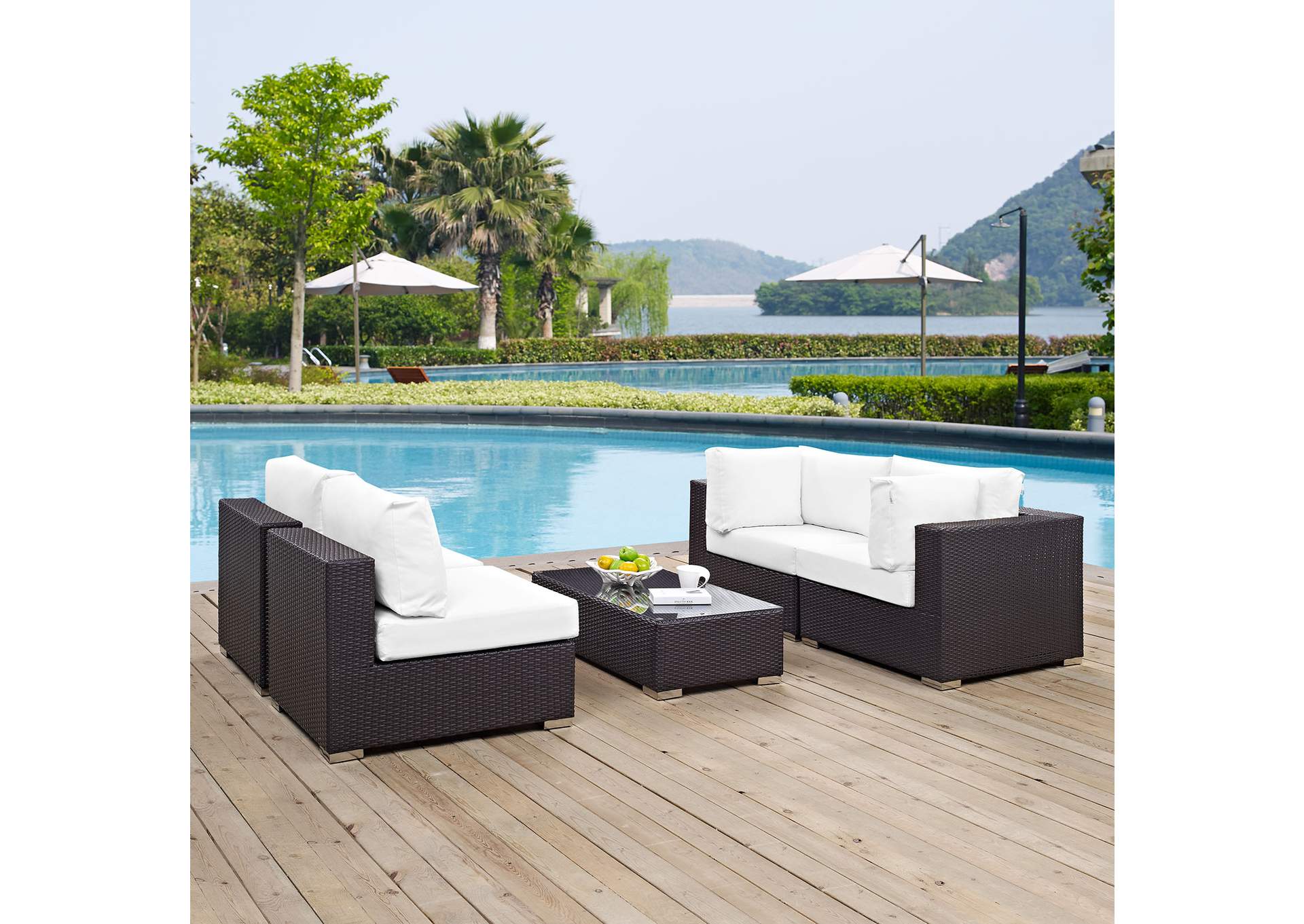 Convene Espresso White 5 Piece Outdoor Patio Sectional Set,Modway