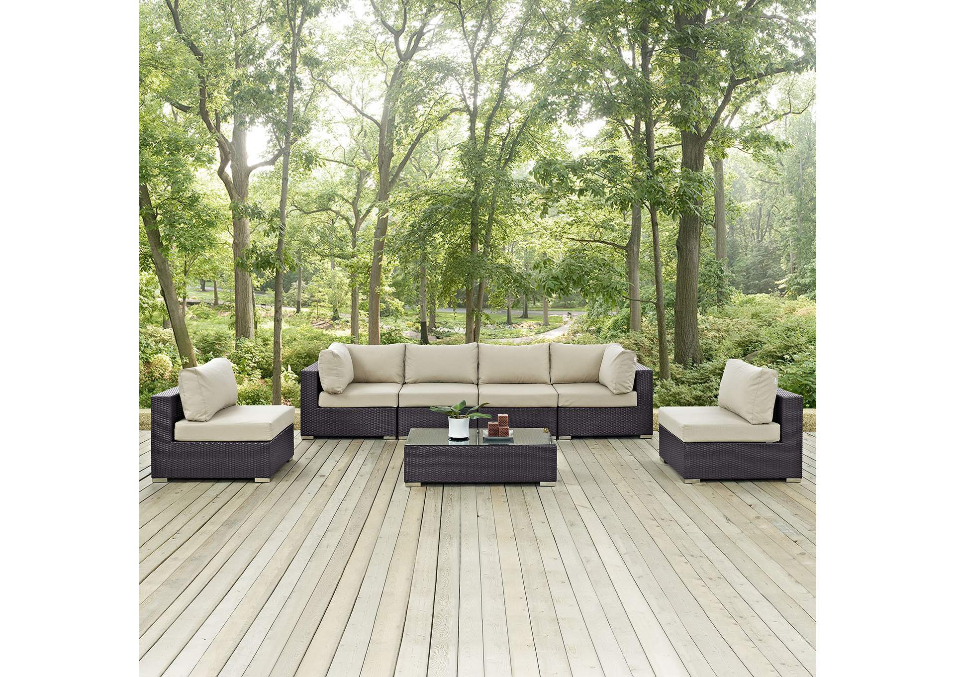 Convene Espresso Beige 7 Piece Outdoor Patio Sectional Set,Modway