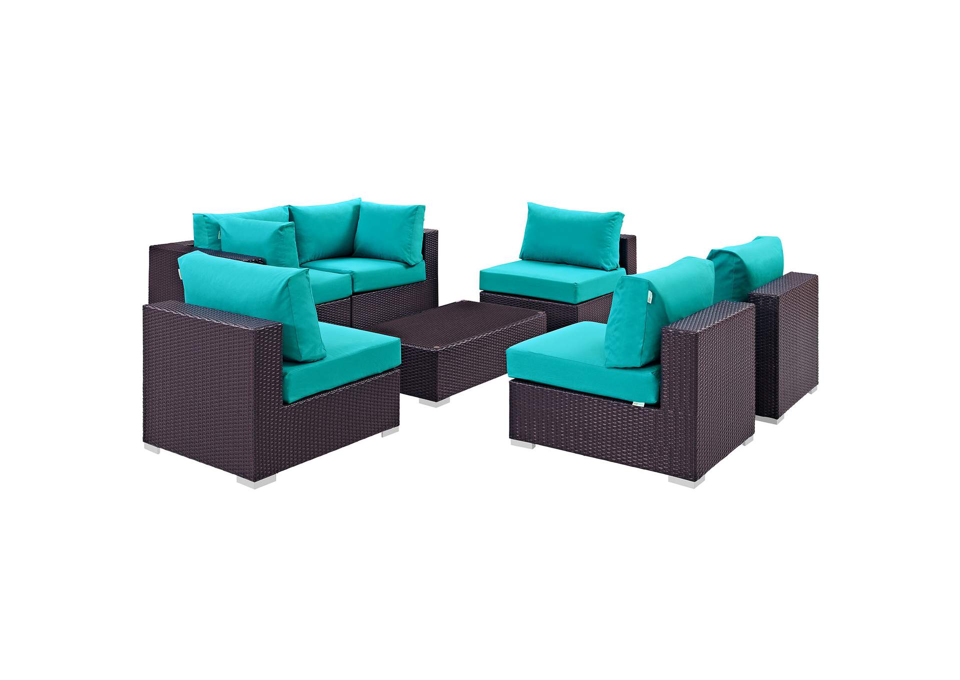 Convene Espresso Turquoise 7 Piece Outdoor Patio Sectional Set,Modway