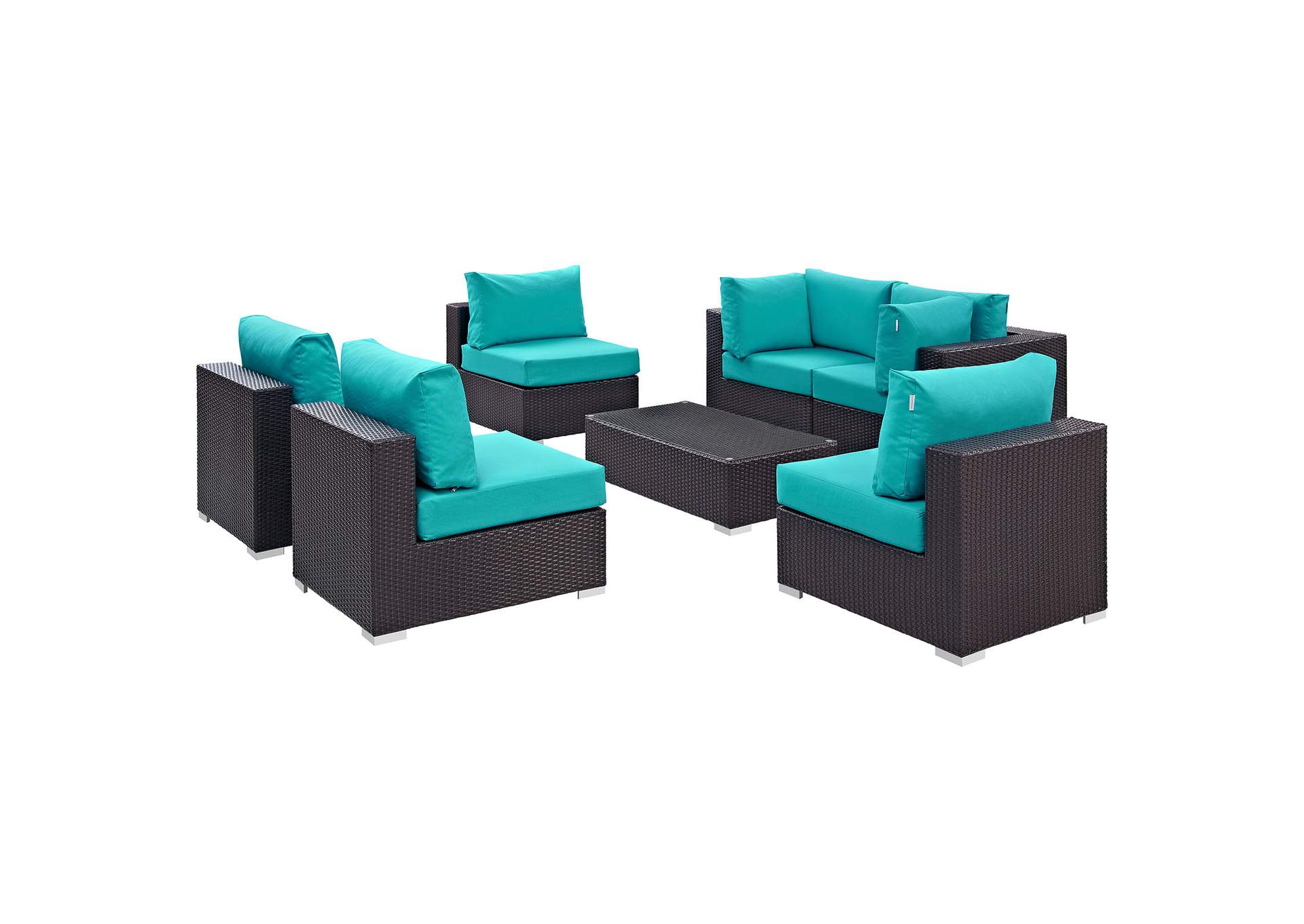 Convene Espresso Turquoise 7 Piece Outdoor Patio Sectional Set,Modway