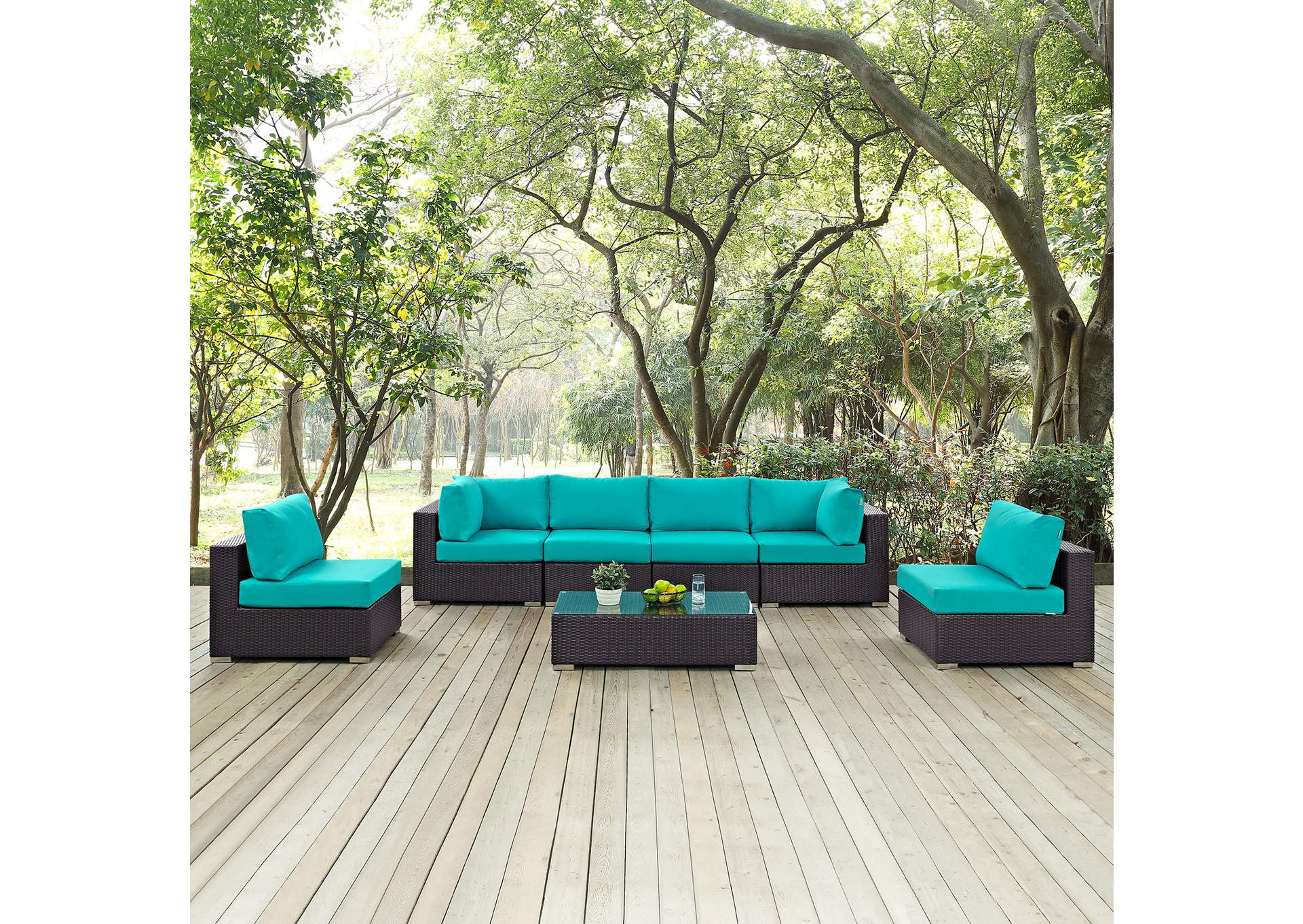 Convene Espresso Turquoise 7 Piece Outdoor Patio Sectional Set,Modway