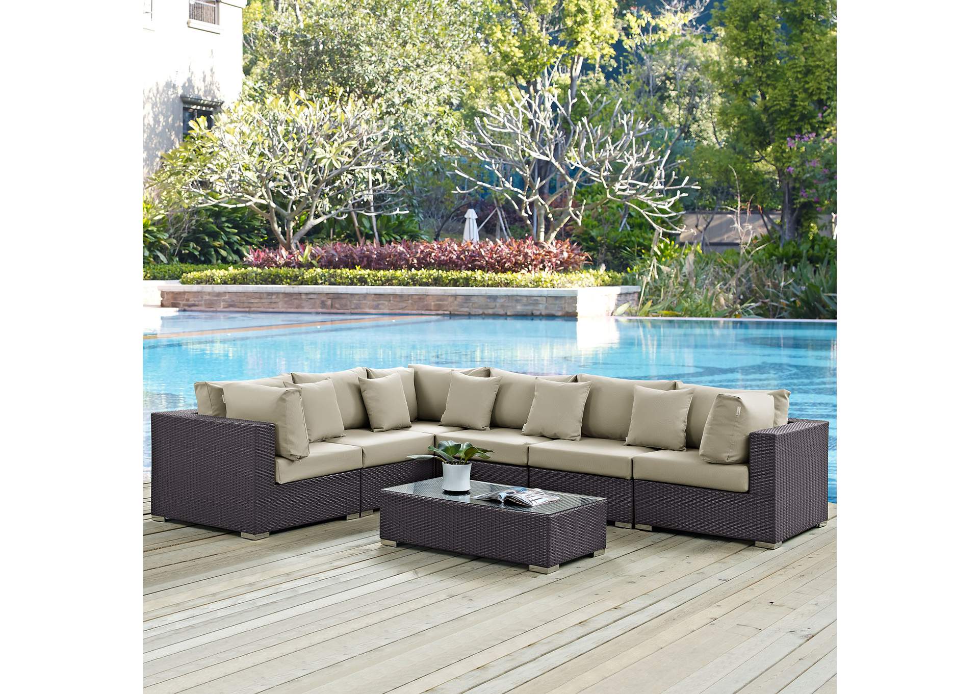 Convene Espresso Beige 7 Piece Outdoor Patio Sectional Set,Modway