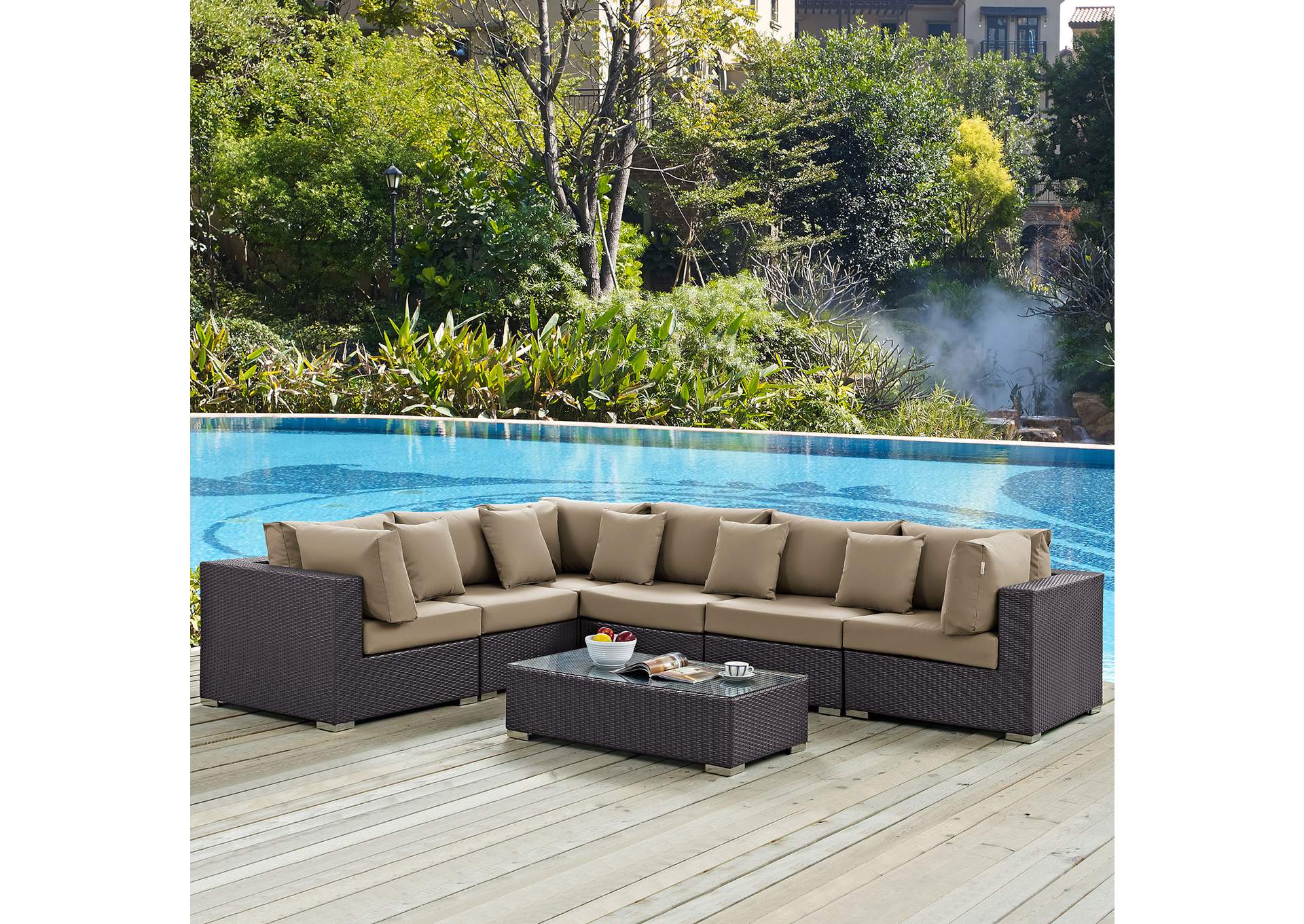 Convene Espresso Mocha 7 Piece Outdoor Patio Sectional Set,Modway