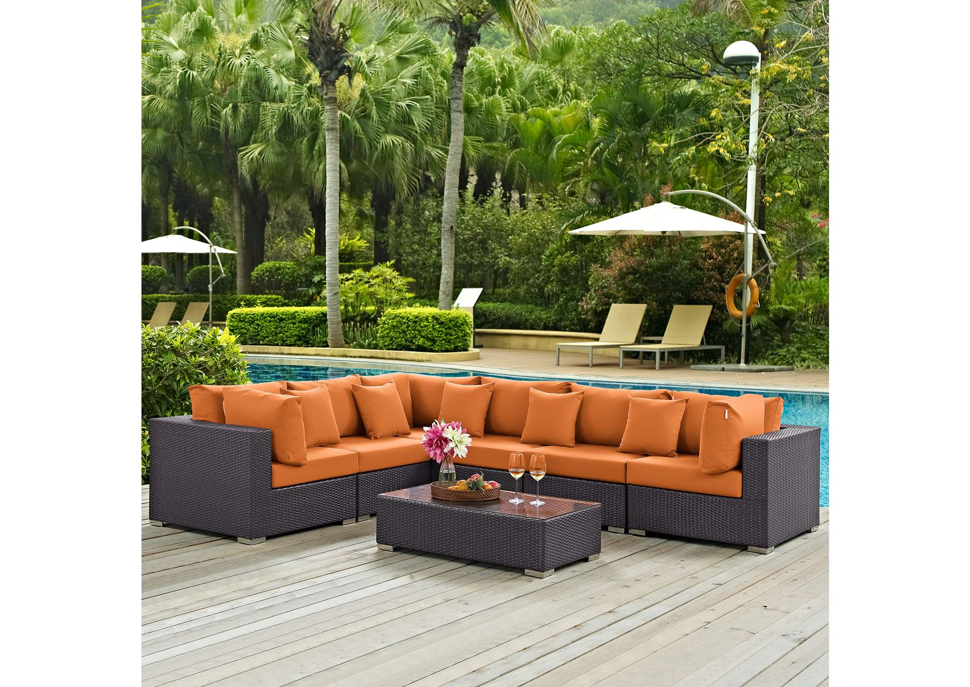 Convene Expresso Orange 7 Piece Outdoor Patio Sectional Set,Modway