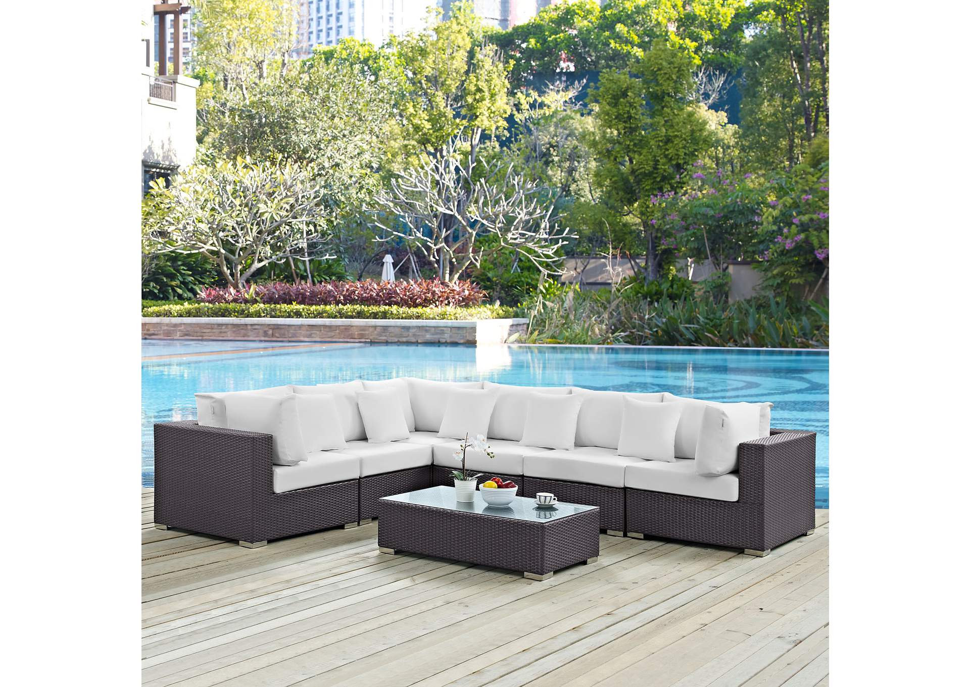 Convene Espresso White 7 Piece Outdoor Patio Sectional Set,Modway