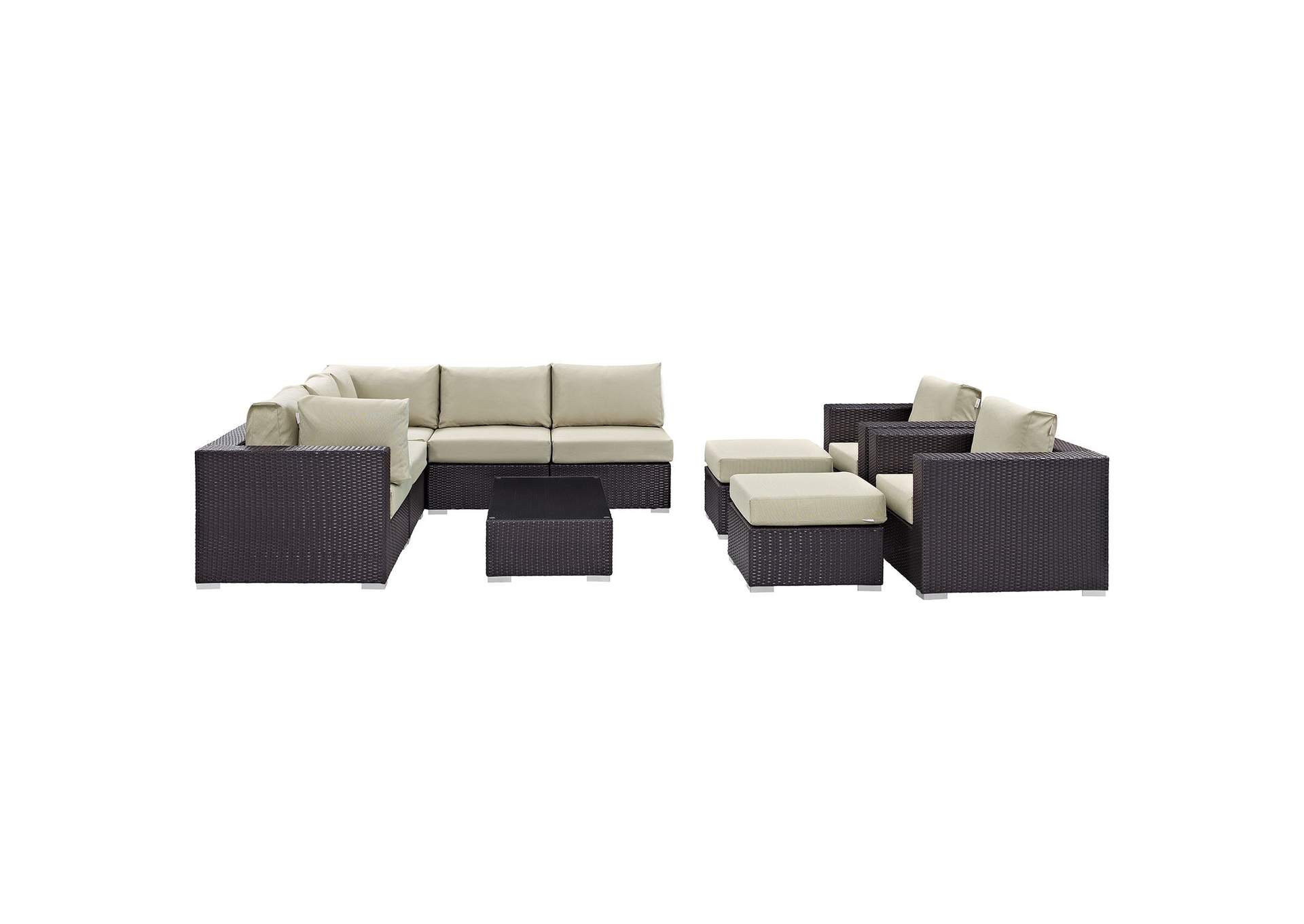 Convene Espresso Beige 10 Piece Outdoor Patio Sectional Set,Modway