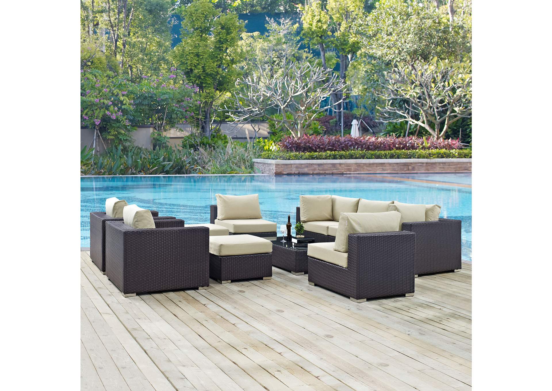 Convene Espresso Beige 10 Piece Outdoor Patio Sectional Set,Modway