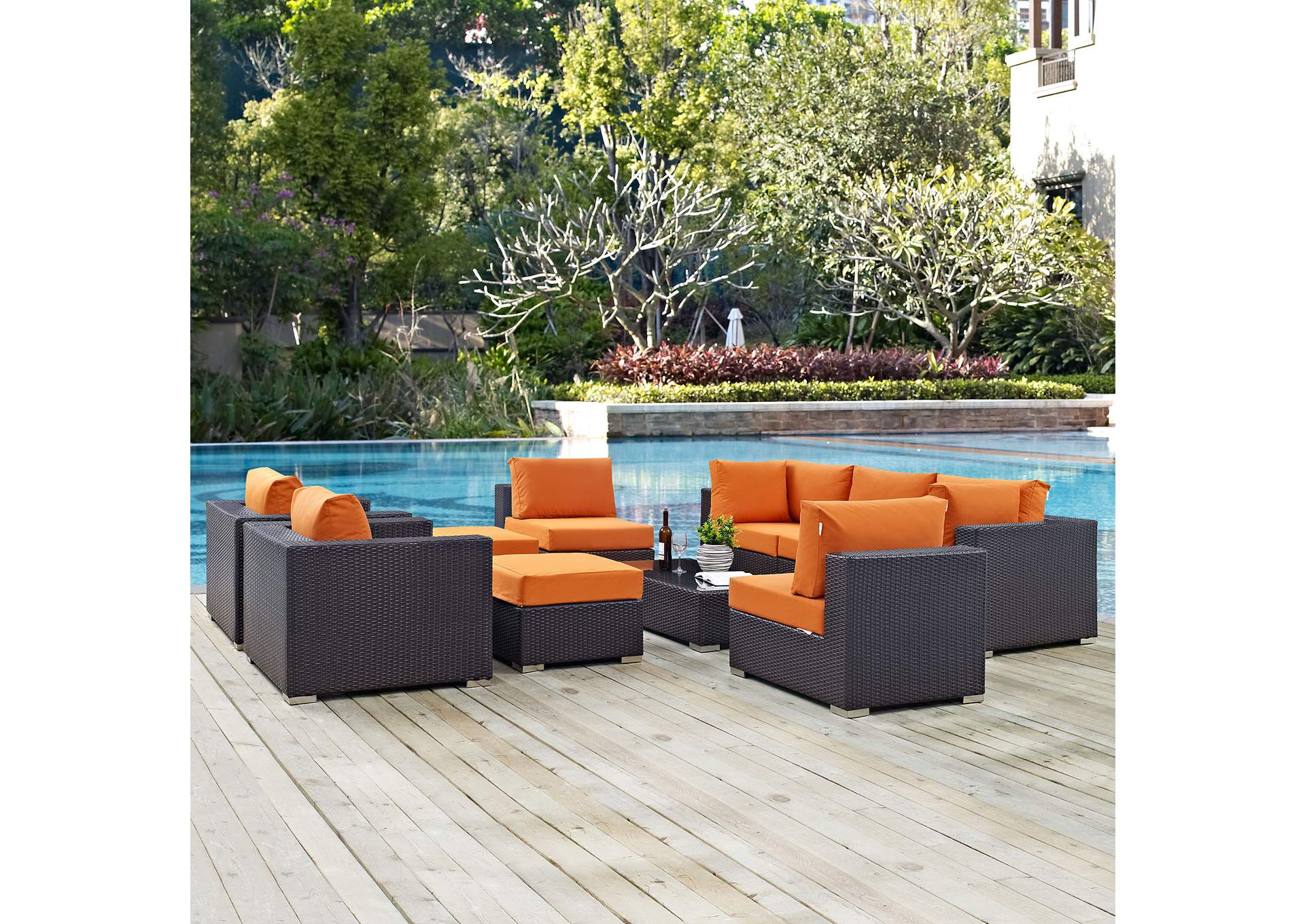 Convene Espresso Orange 10 Piece Outdoor Patio Sectional Set,Modway