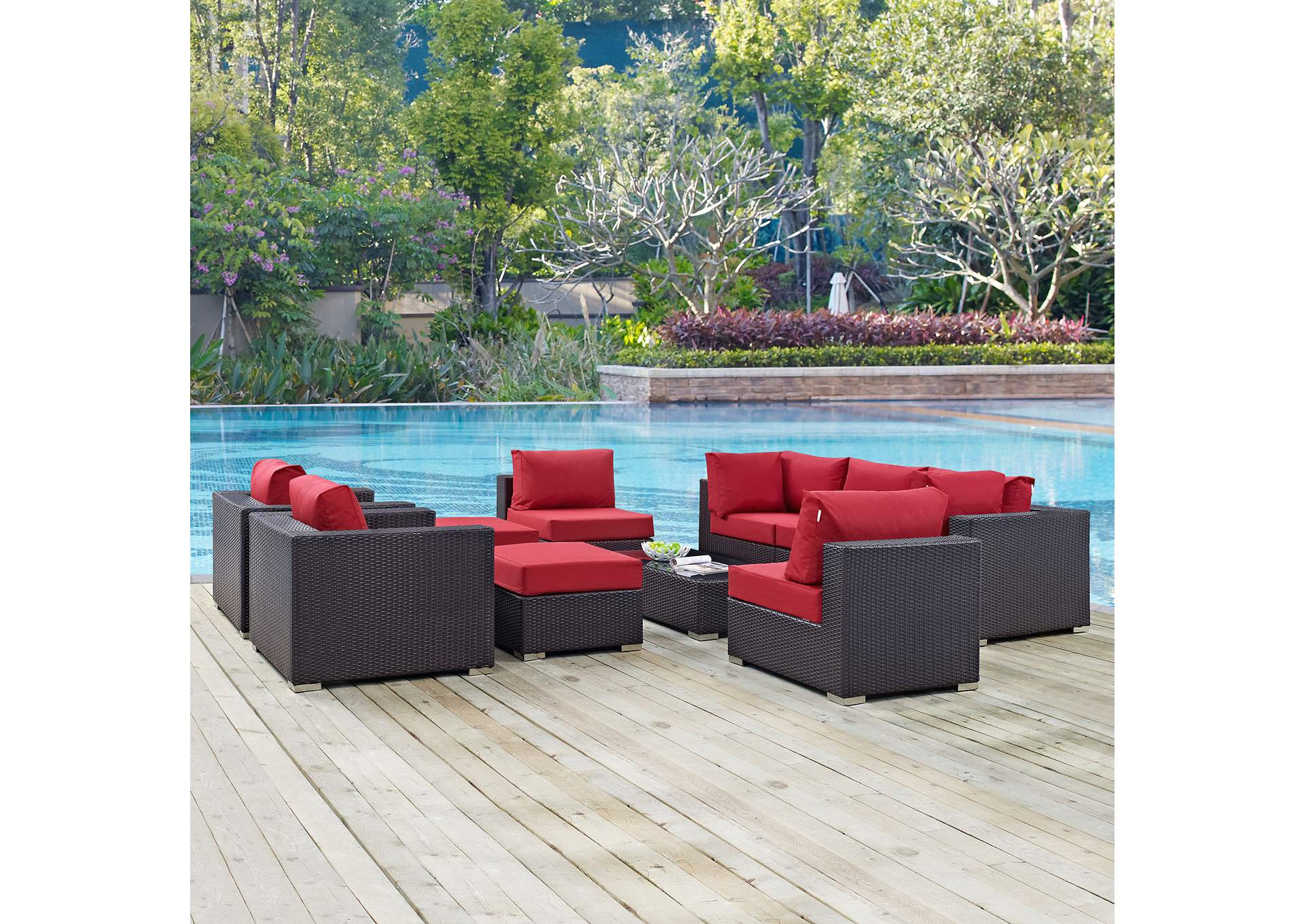 Convene Espresso Red 10 Piece Outdoor Patio Sectional Set,Modway