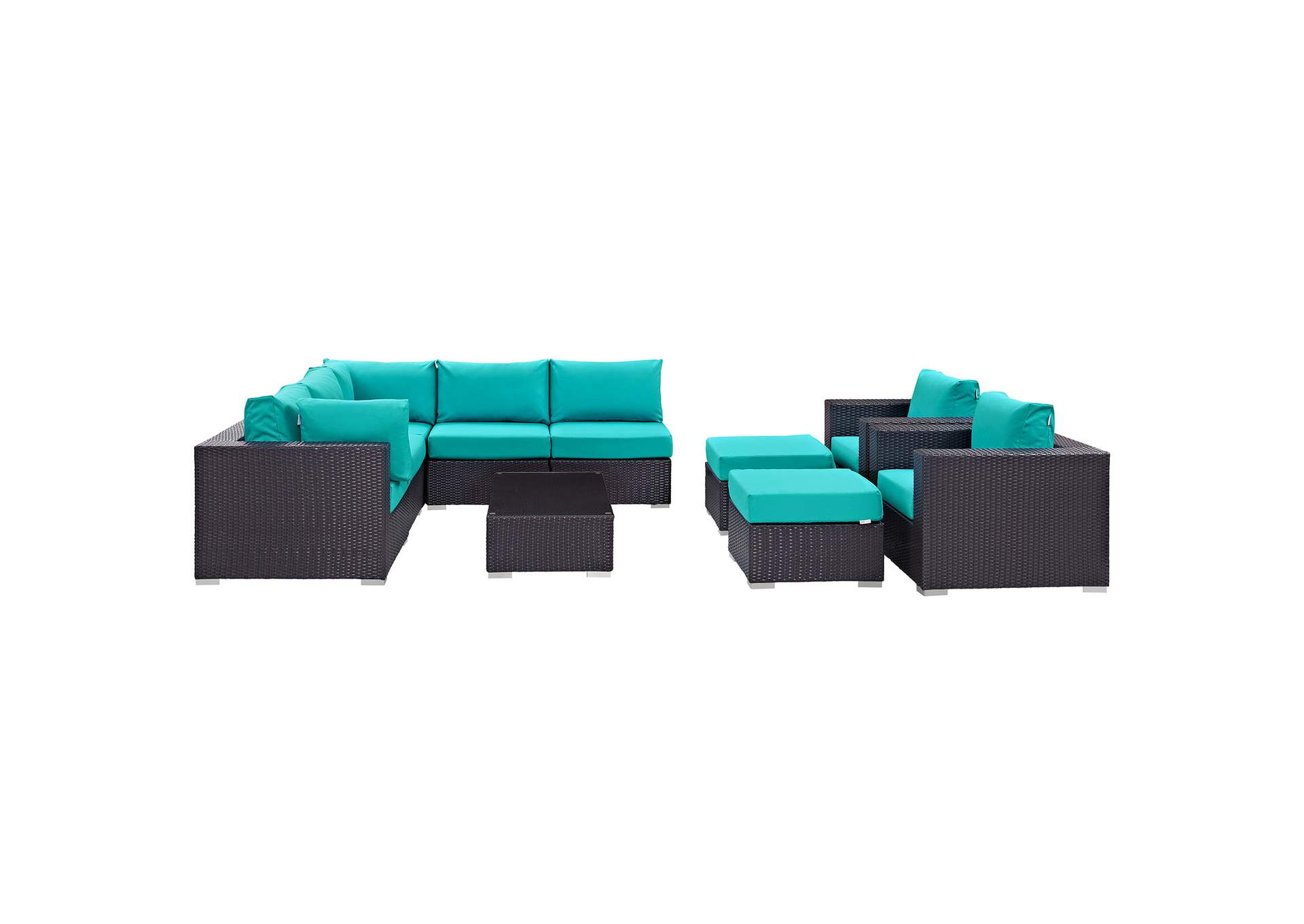 Convene Espresso Turquoise 10 Piece Outdoor Patio Sectional Set,Modway