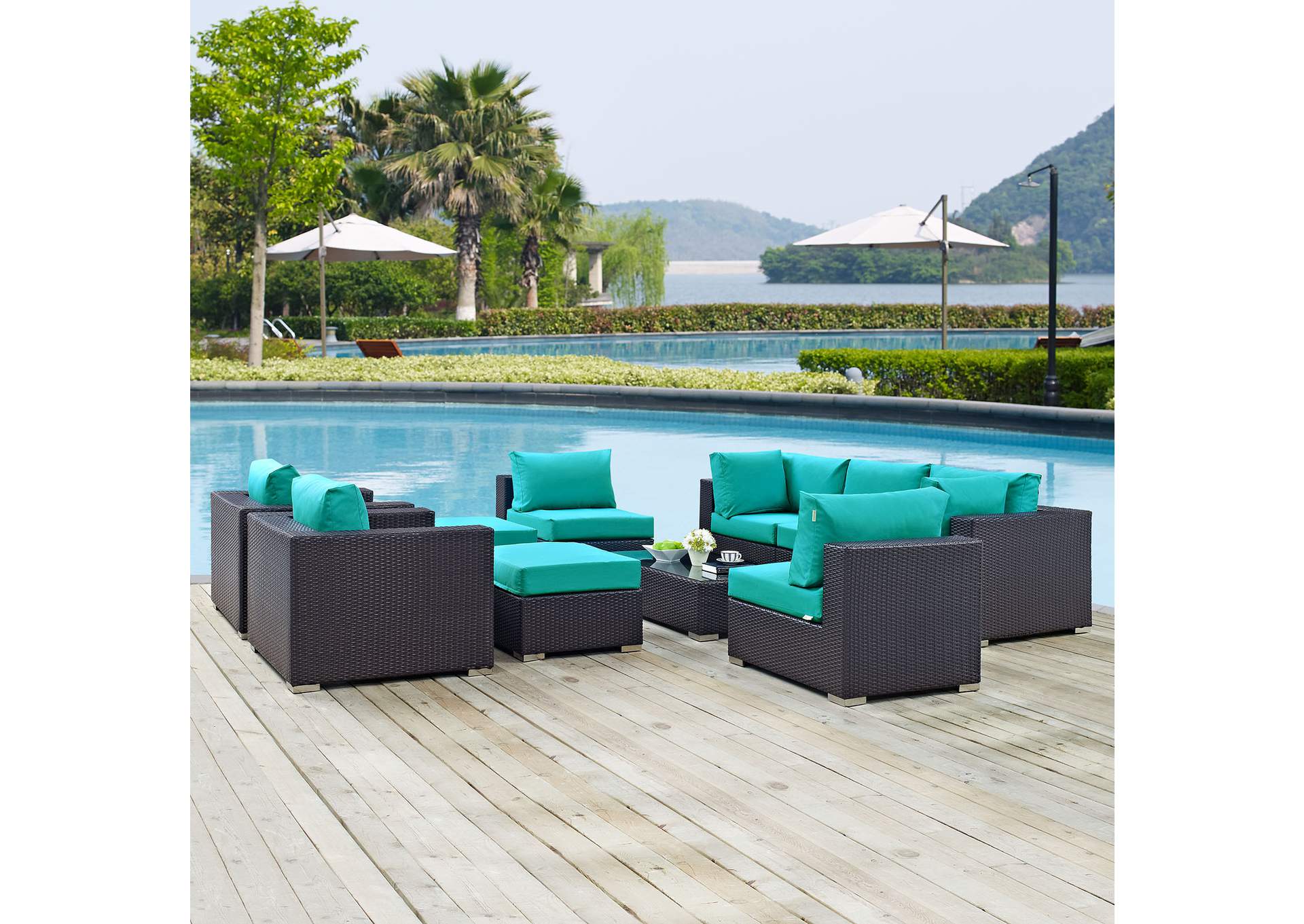 Convene Espresso Turquoise 10 Piece Outdoor Patio Sectional Set,Modway