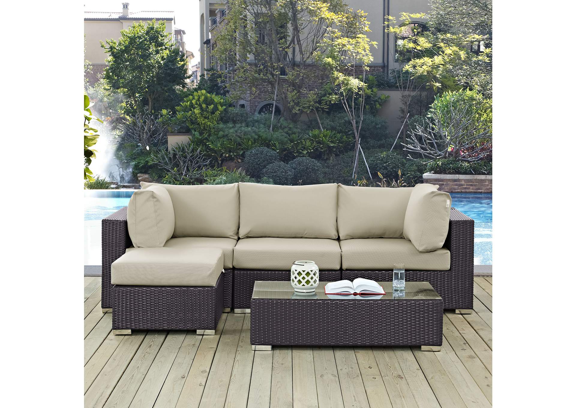 Convene Espresso Beige 5 Piece Outdoor Patio Sectional Set,Modway