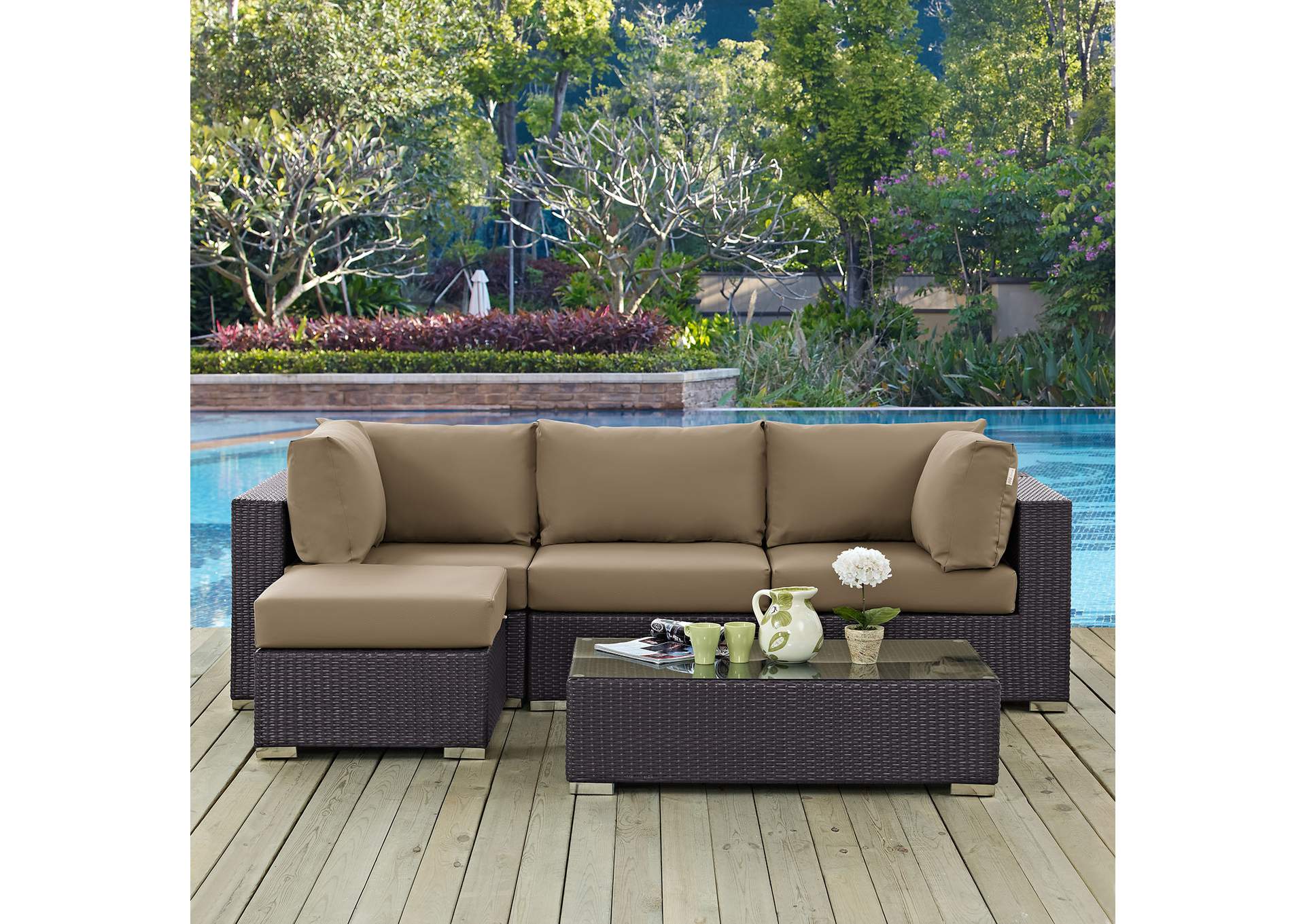 Convene Espresso Mocha 5 Piece Outdoor Patio Sectional Set,Modway