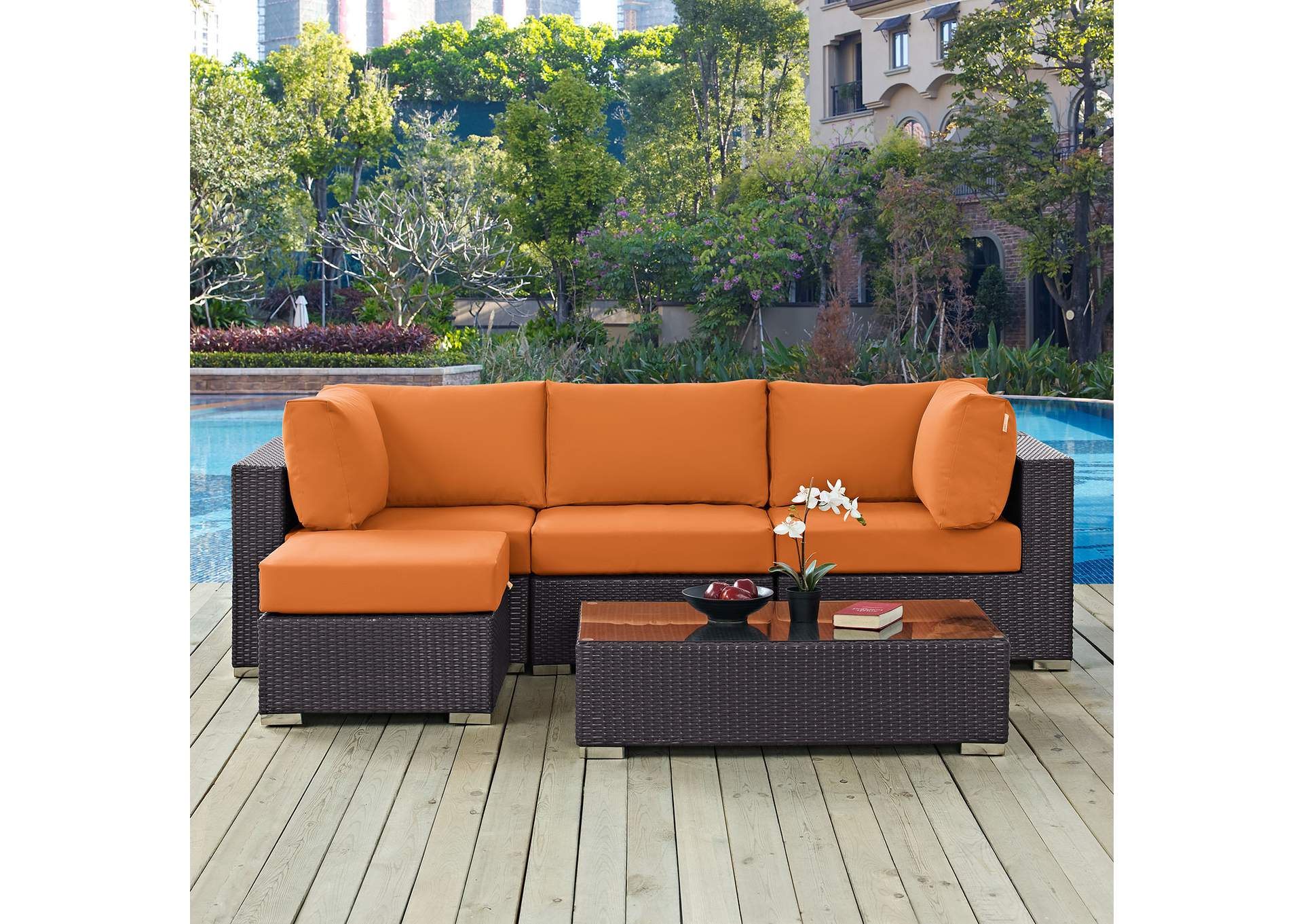 Convene Espresso Orange 5 Piece Outdoor Patio Sectional Set,Modway