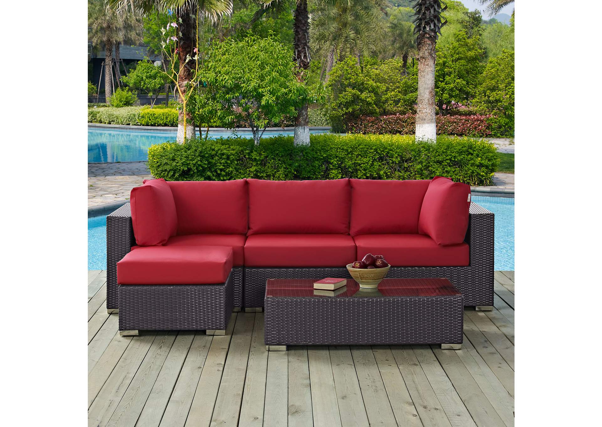 Convene Espresso Red 5 Piece Outdoor Patio Sectional Set,Modway