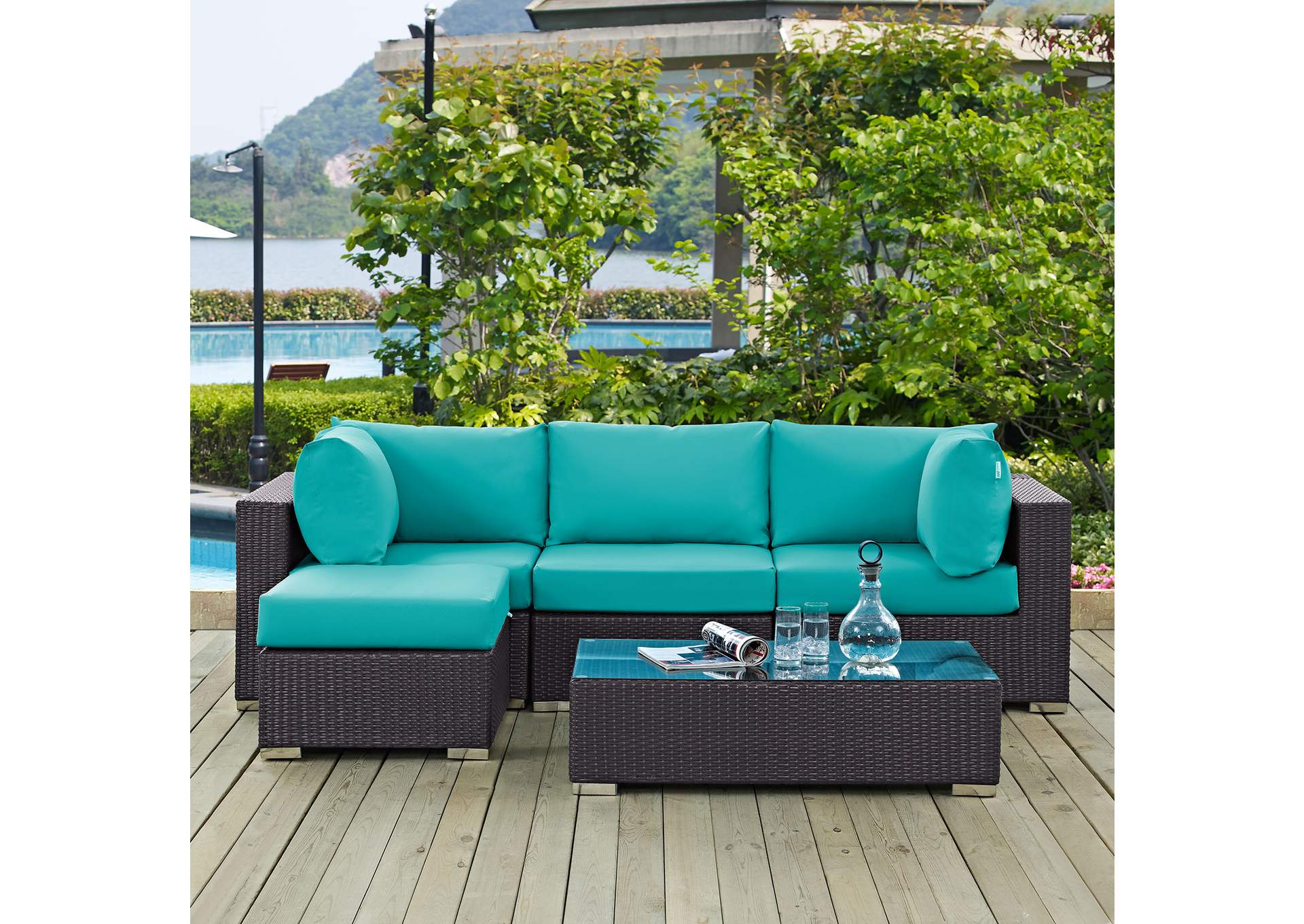 Convene Espresso Turquoise 5 Piece Outdoor Patio Sectional Set,Modway