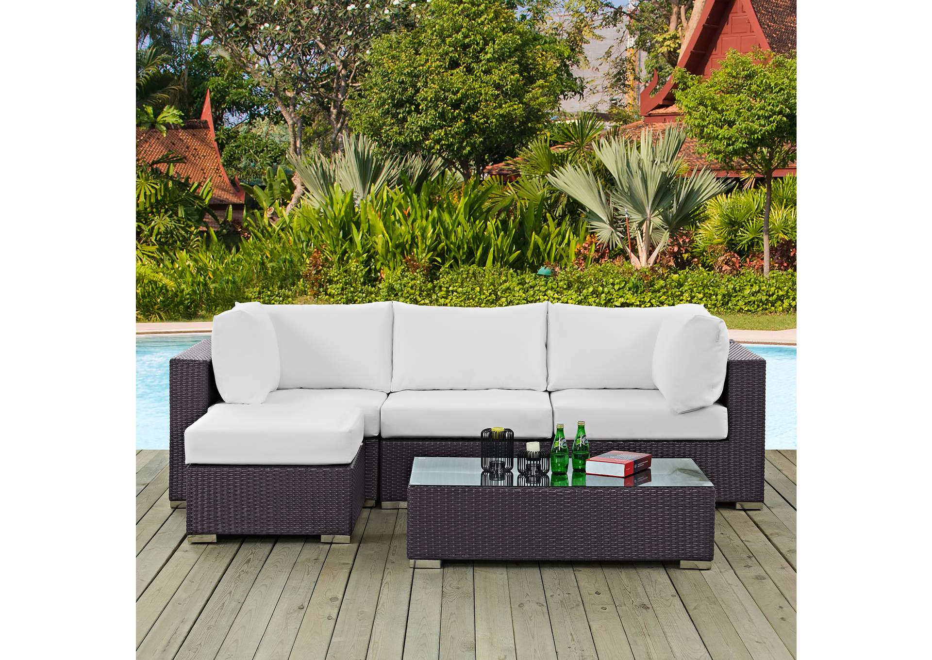 Convene Espresso White 5 Piece Outdoor Patio Sectional Set,Modway