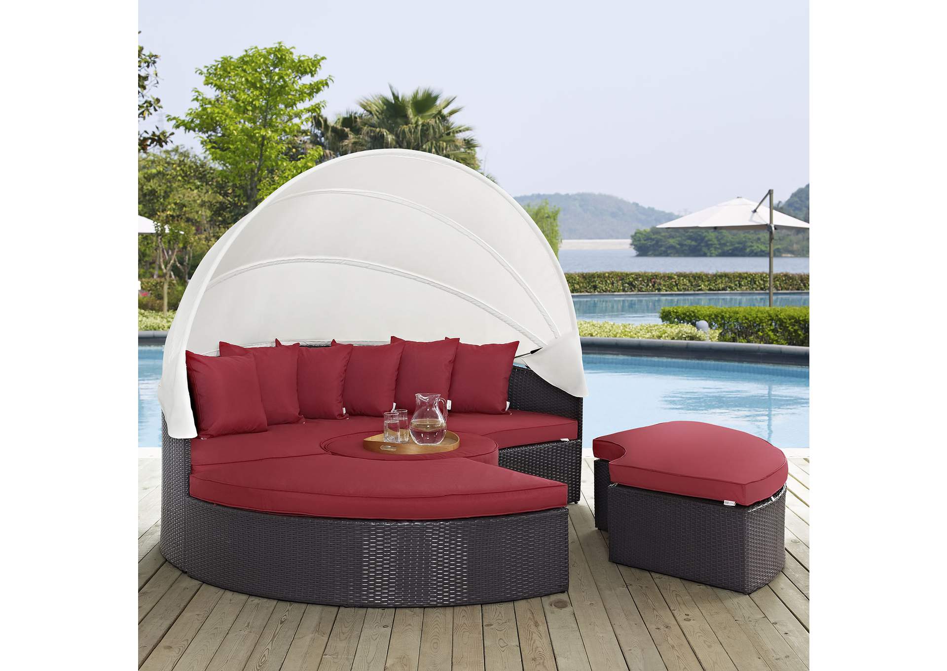 Espresso Red Convene Canopy Outdoor Patio Daybed,Modway