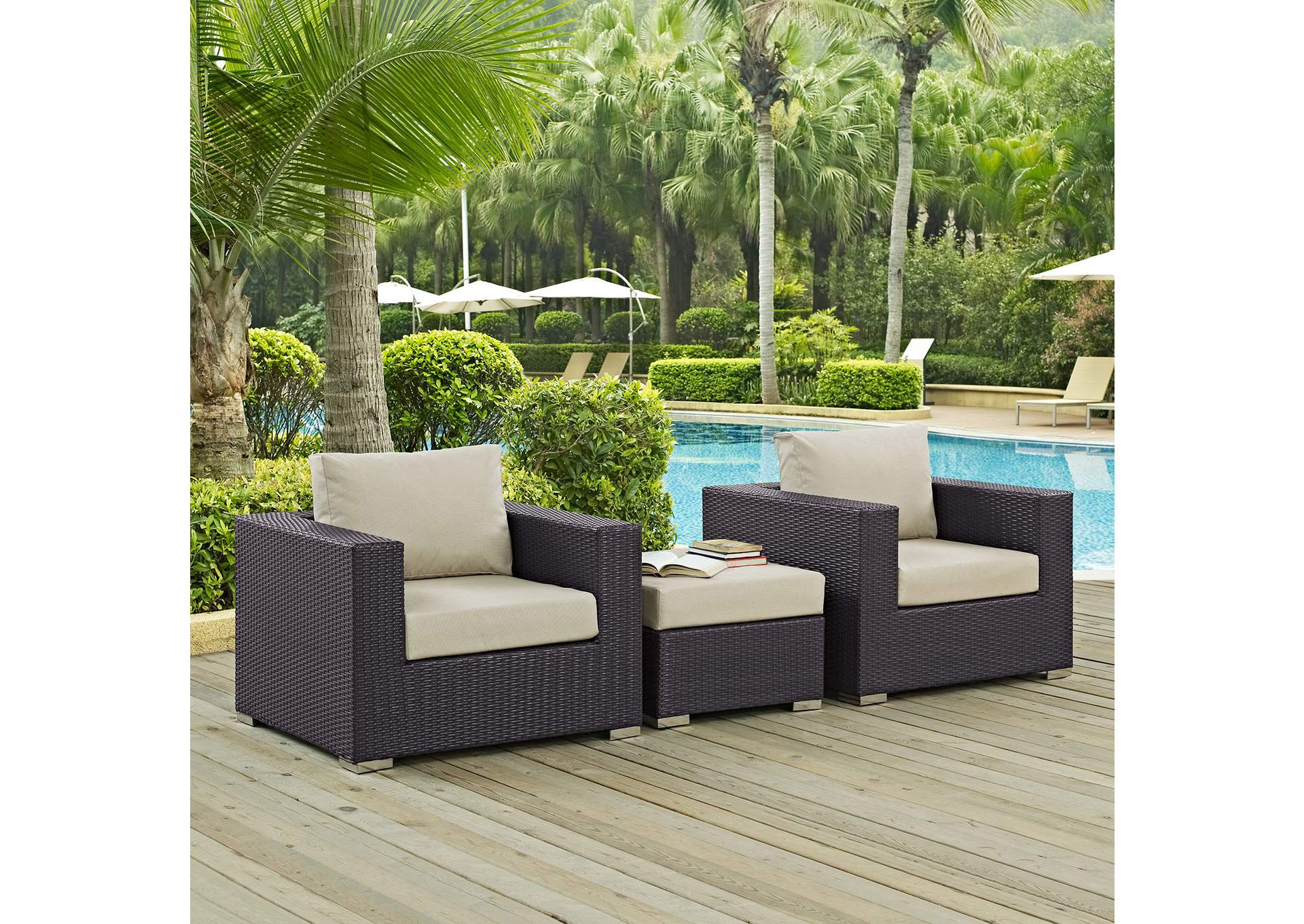 Convene Espresso Beige 3 Piece Outdoor Patio Sofa Set,Modway