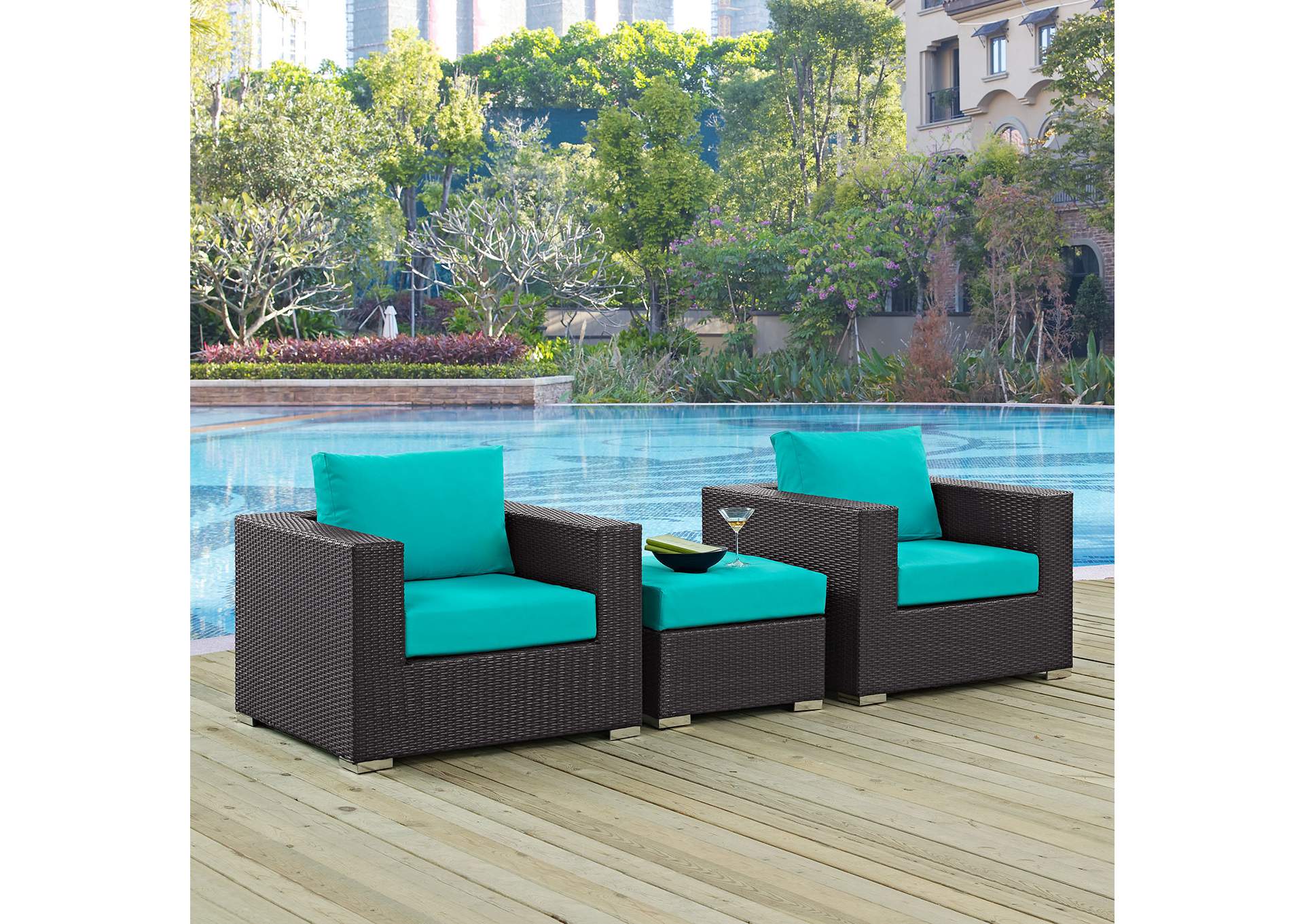 Convene Espresso Turquoise 3 Piece Outdoor Patio Sofa Set,Modway