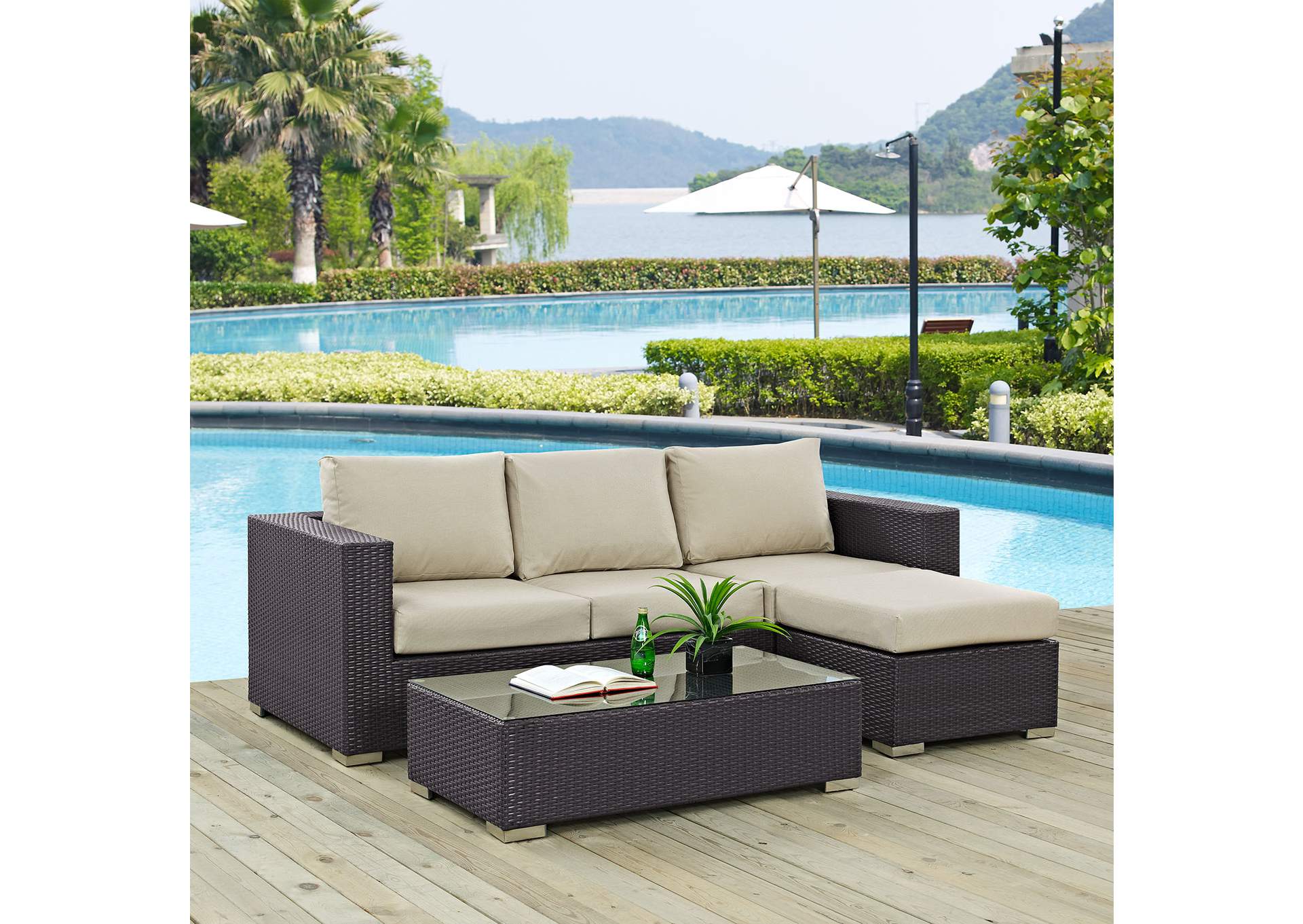 Convene Espresso Beige 3 Piece Outdoor Patio Sofa Set,Modway