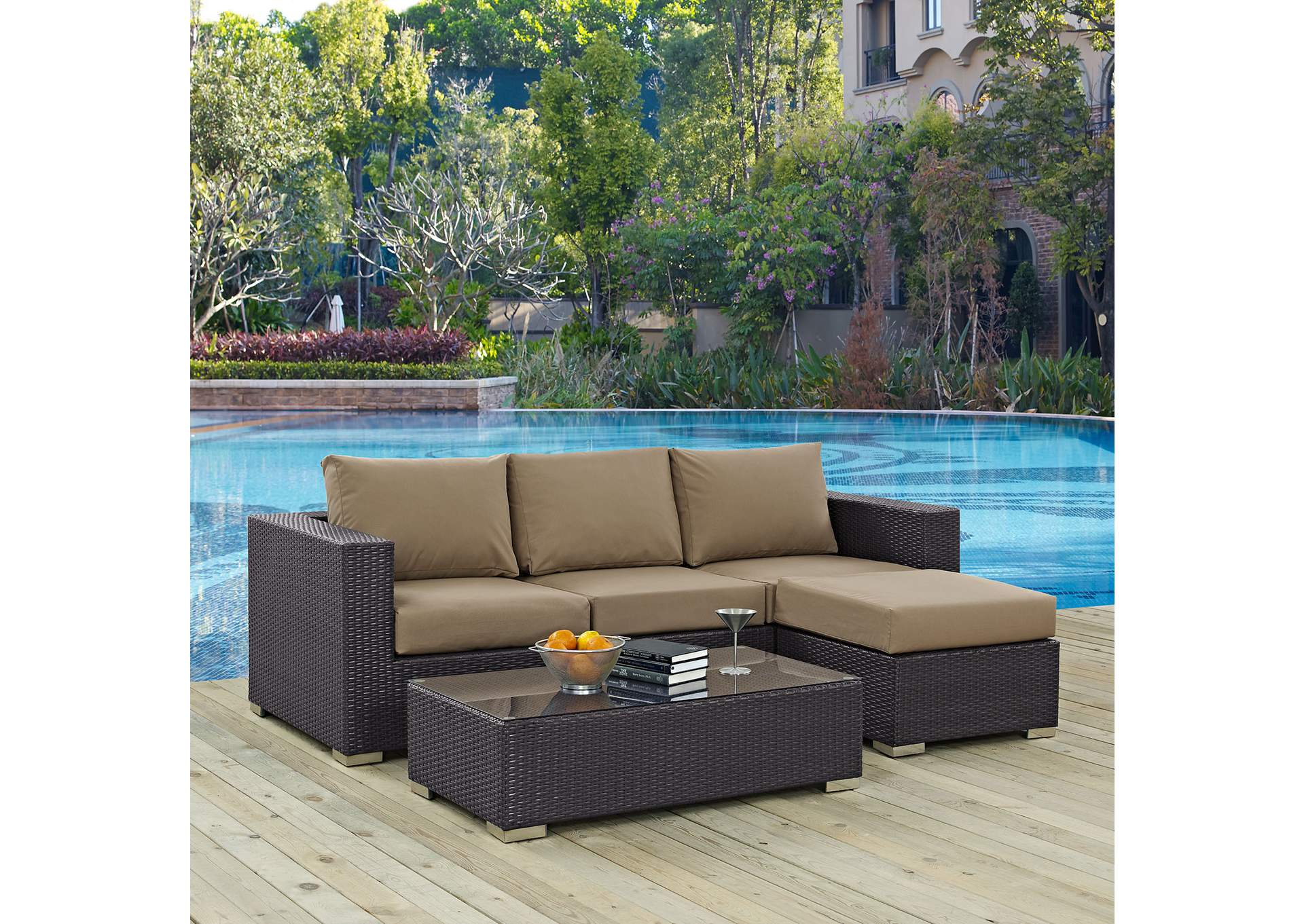 Convene Espresso Mocha 3 Piece Outdoor Patio Sofa Set,Modway