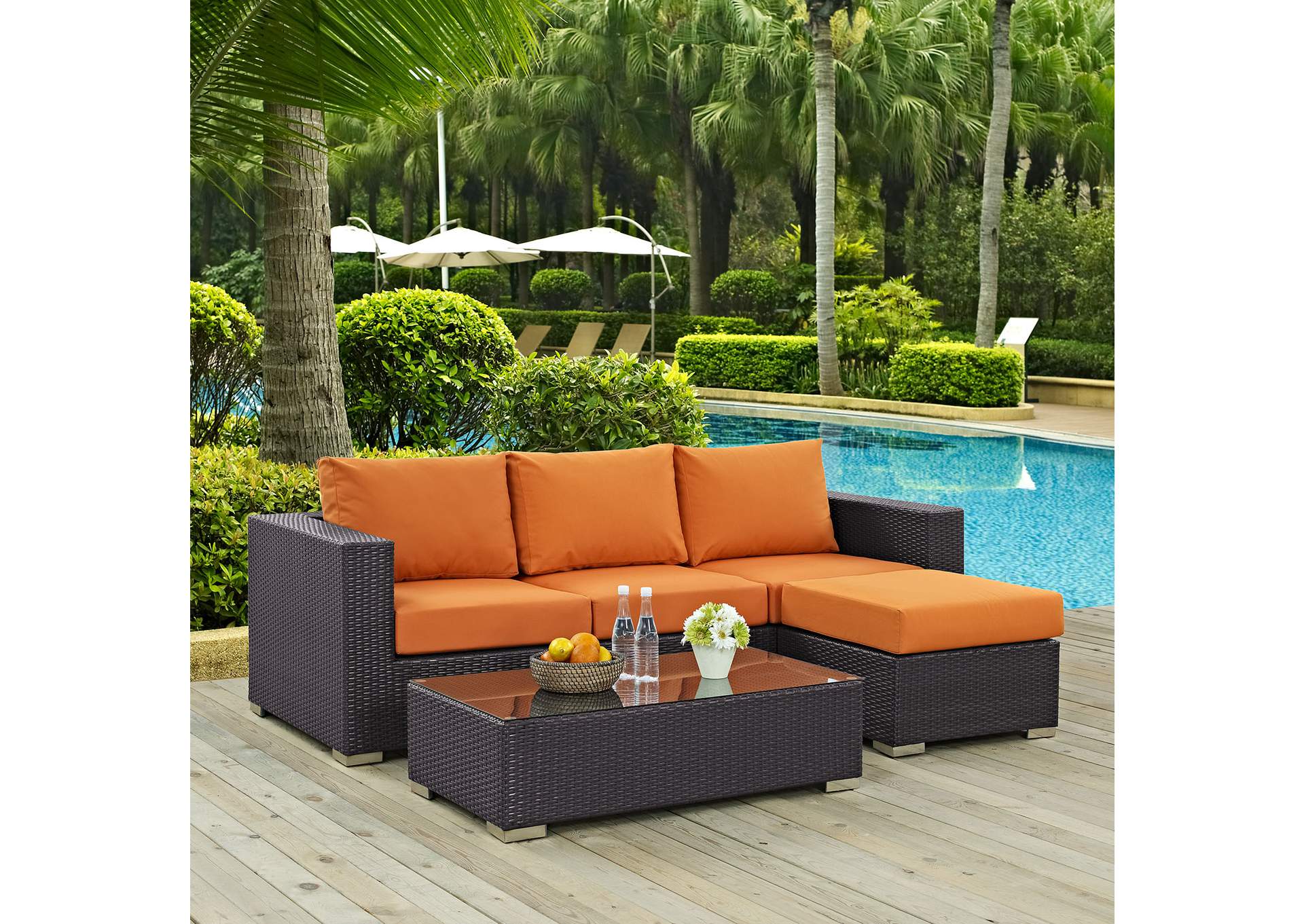 Convene Espresso Orange 3 Piece Outdoor Patio Sofa Set,Modway