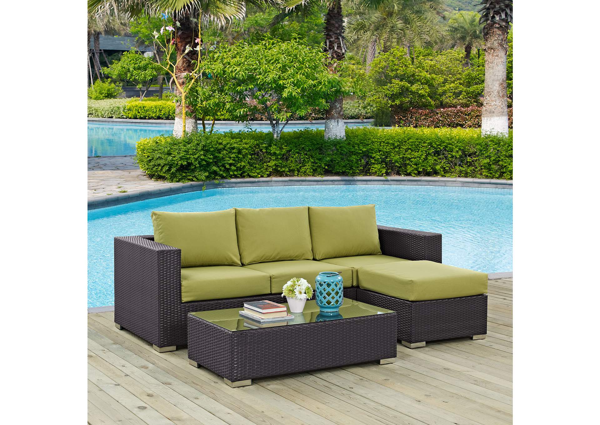 Convene Espresso Peridot 3 Piece Outdoor Patio Sofa Set,Modway