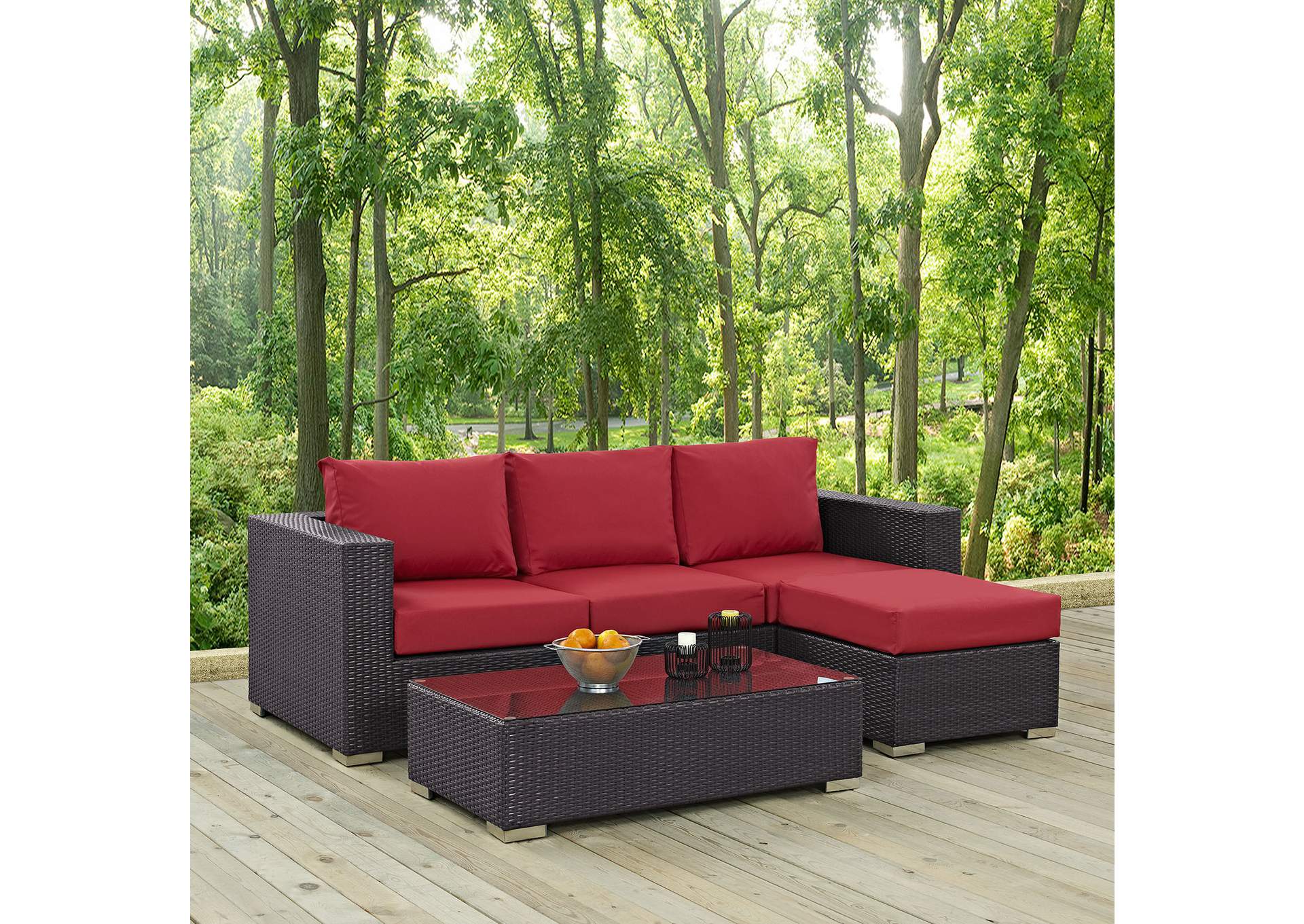 Convene Espresso Red 3 Piece Outdoor Patio Sofa Set,Modway