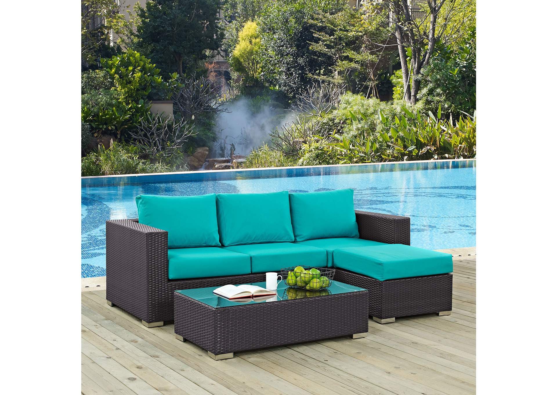 Convene Espresso Turquoise 3 Piece Outdoor Patio Sofa Set,Modway