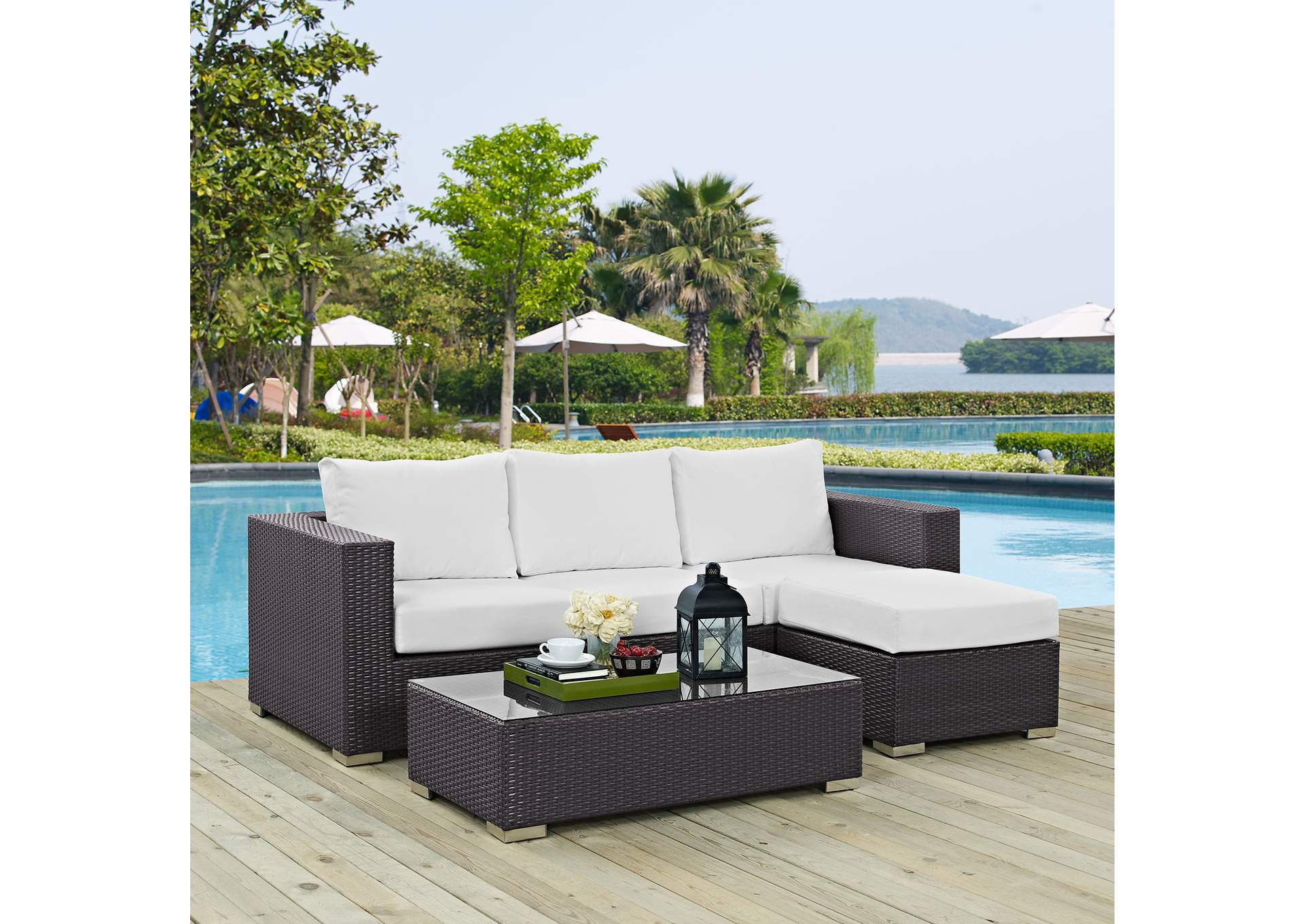 Convene Espresso White 3 Piece Outdoor Patio Sofa Set,Modway