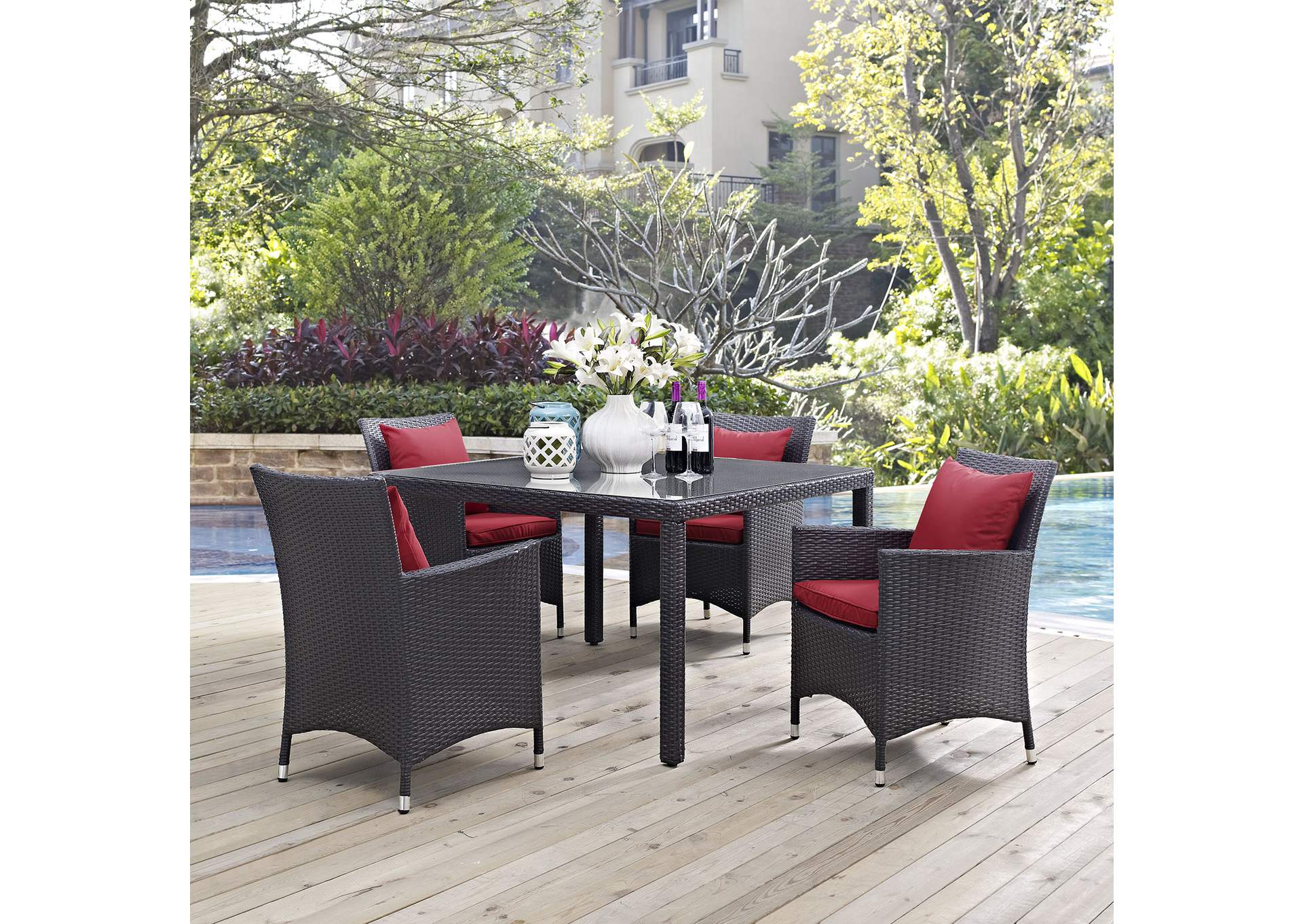 Espresso Red Convene 5 Piece Outdoor Patio Dining Set,Modway