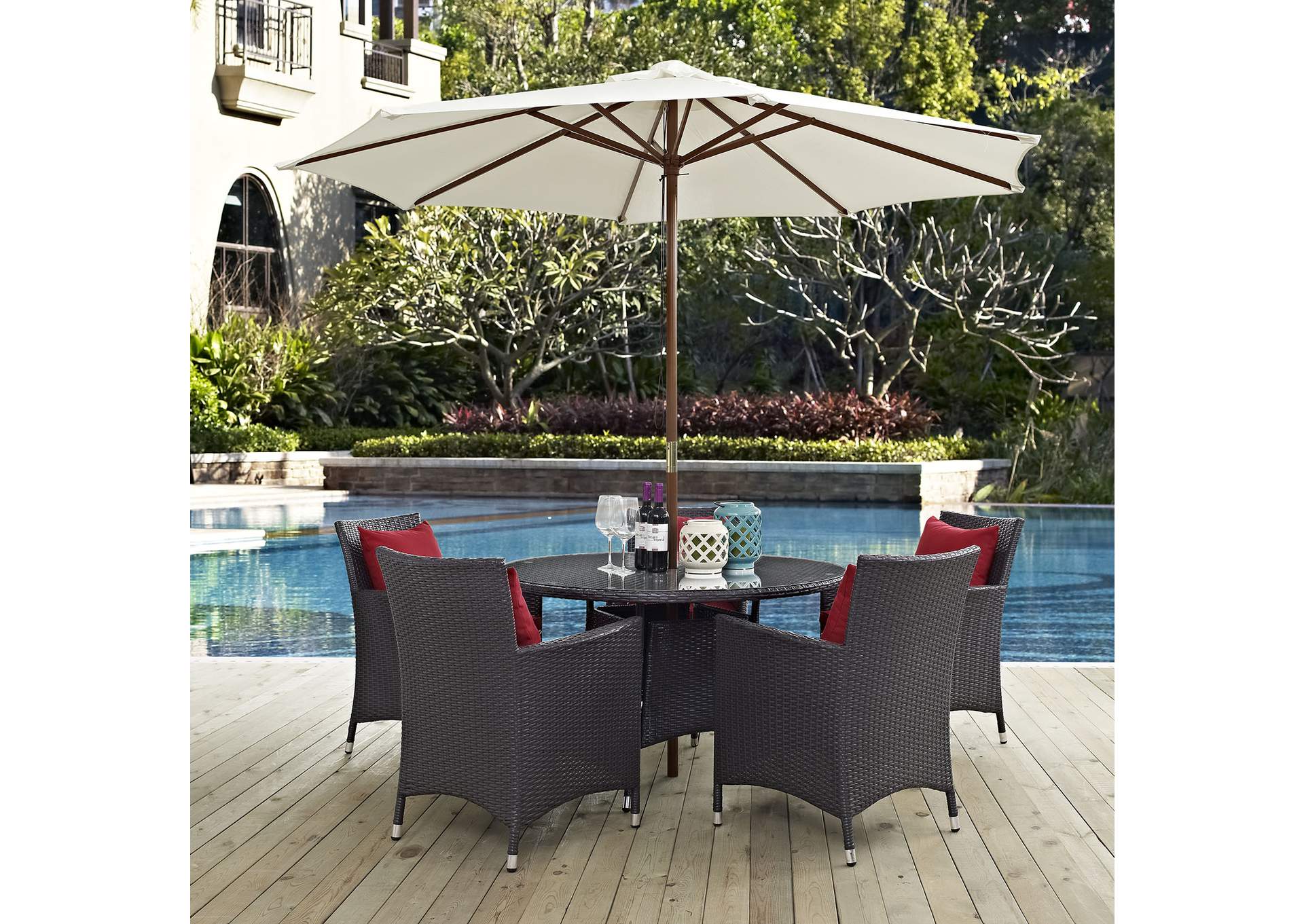 Espresso Red Convene 7 Piece Outdoor Patio Dining Set,Modway