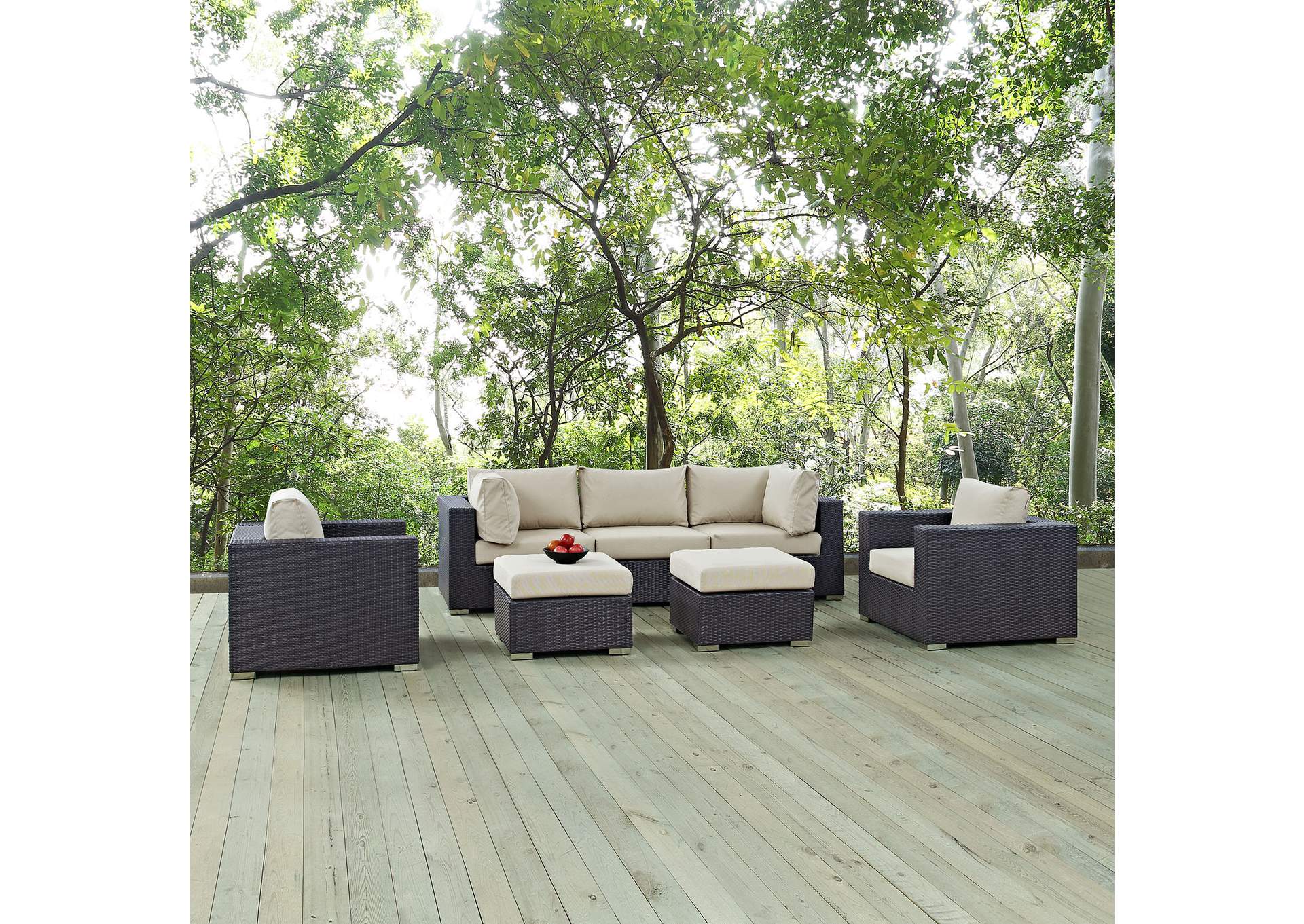 Convene Espresso Beige 7 Piece Outdoor Patio Sectional Set,Modway