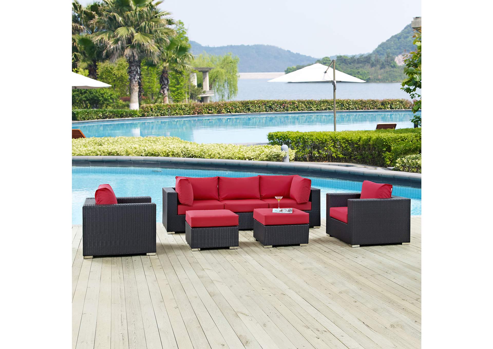 Convene Espresso Red 7 Piece Outdoor Patio Sectional Set,Modway