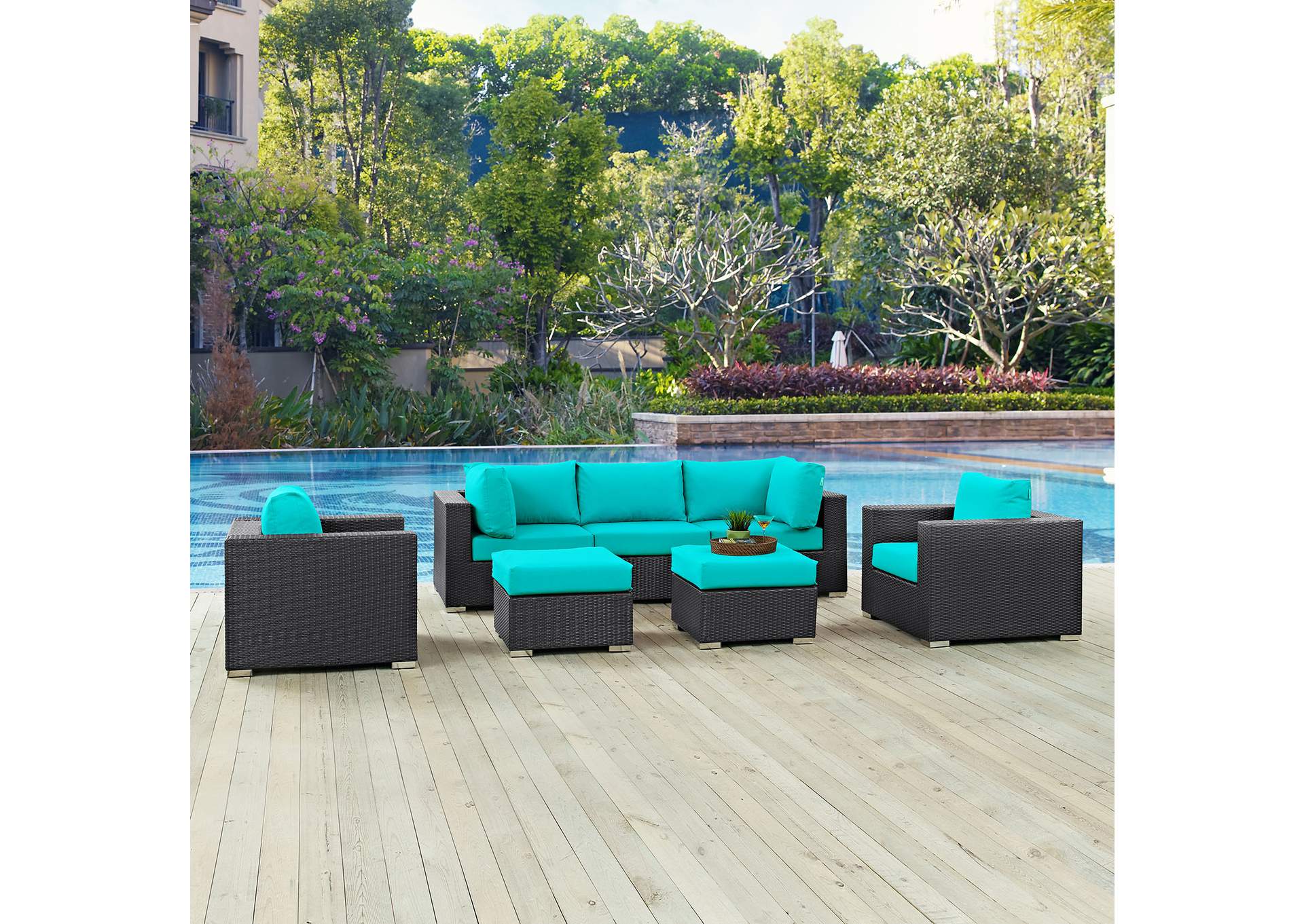 Convene Espresso Turquoise 7 Piece Outdoor Patio Sectional Set,Modway