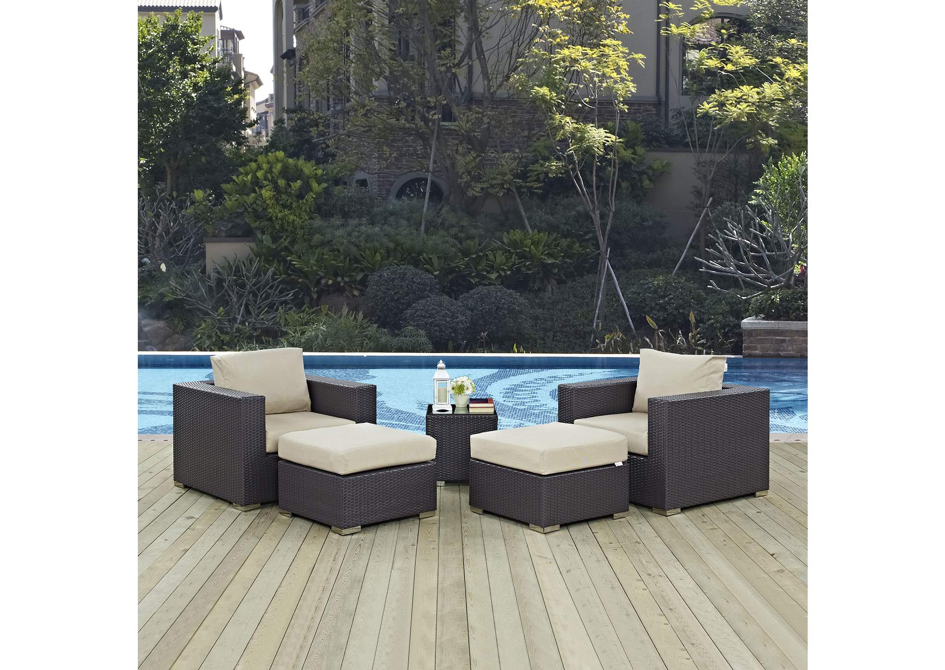 Convene Espresso Beige 5 Piece Outdoor Patio Sectional Set,Modway